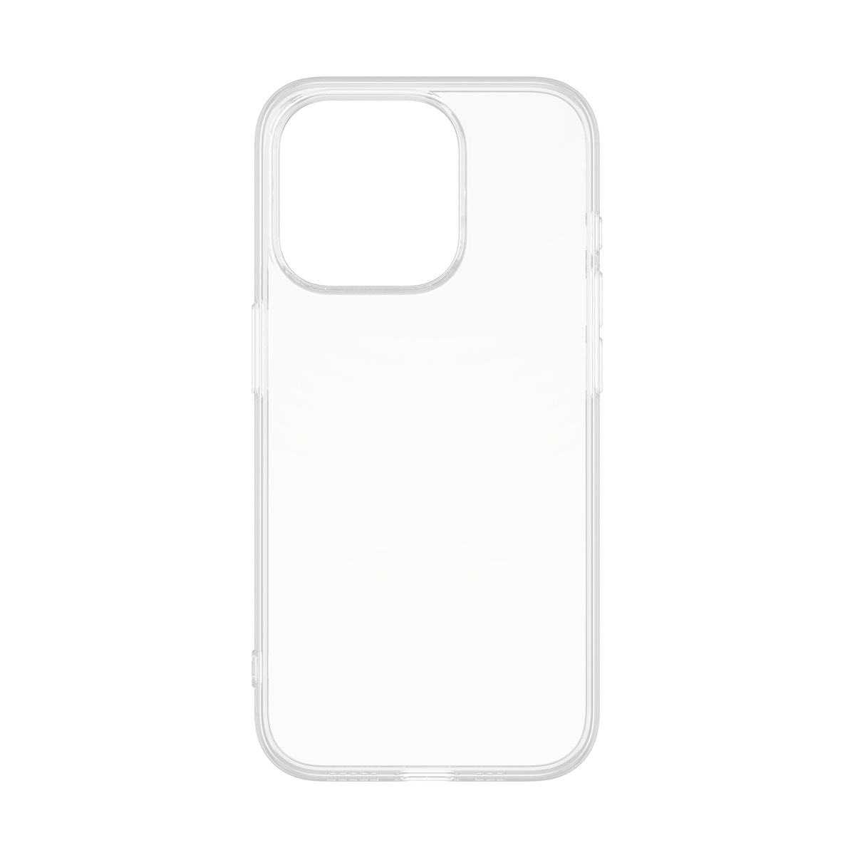 Custodia trasparente per telefono su sfondo bianco. È vuota, mostrando la forma e il ritaglio della fotocamera.