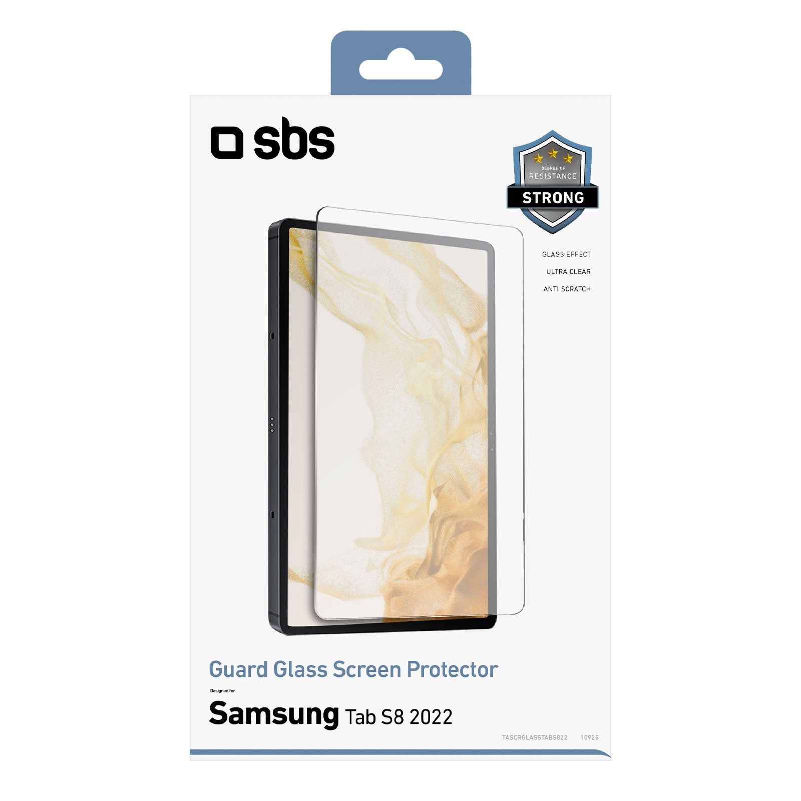 Una caja de protector de pantalla para una Samsung Tab S8 2022. La caja muestra una tableta y características del producto.