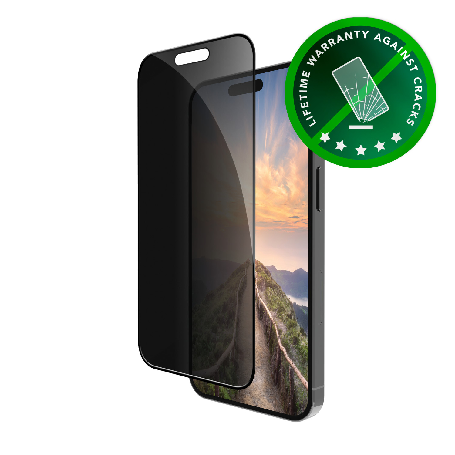Telefono con protezione schermo privacy applicata. Lo sfondo è una vista panoramica delle montagne.