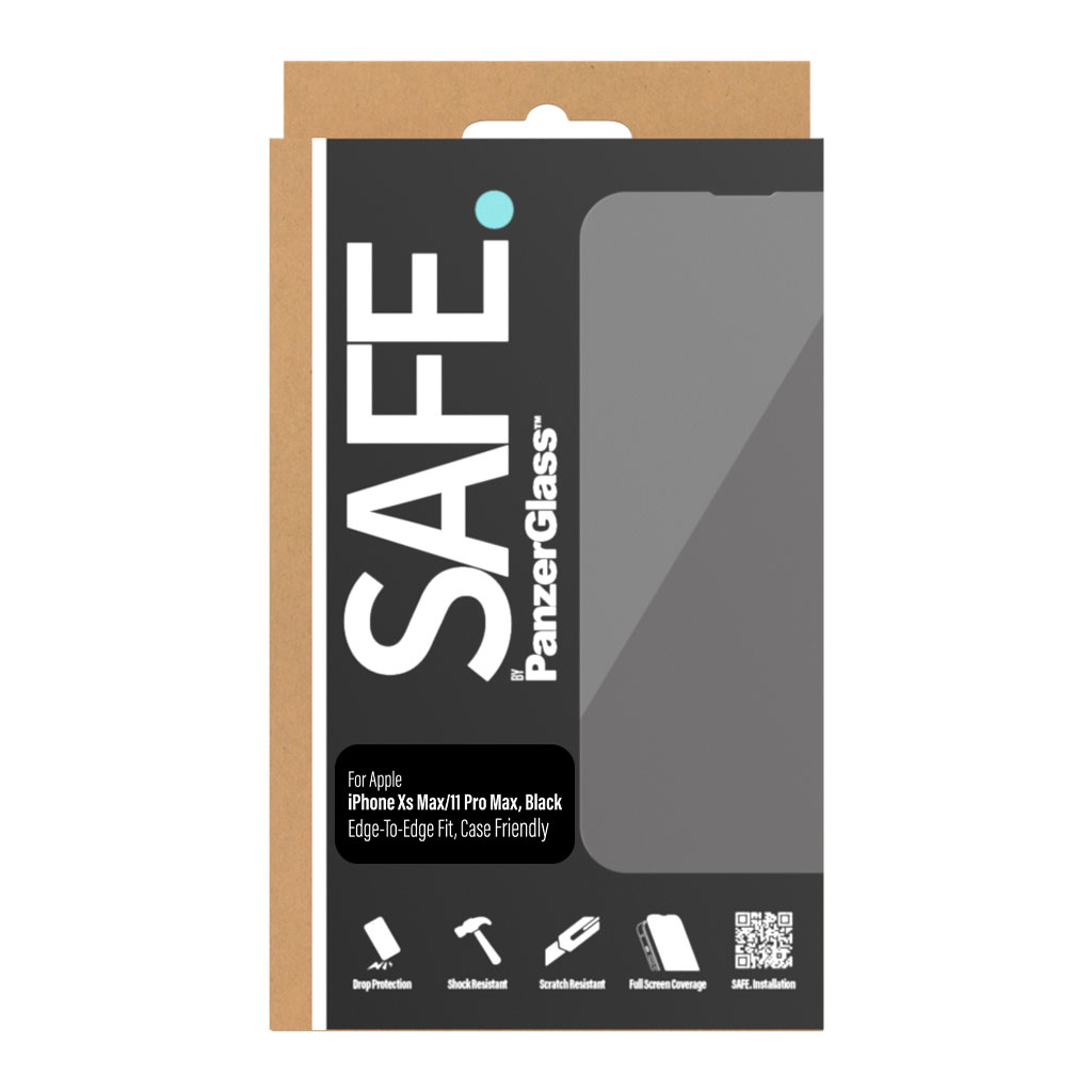 Scatola di SAFE PanzerGlass, mostra il telefono e la protezione schermo.