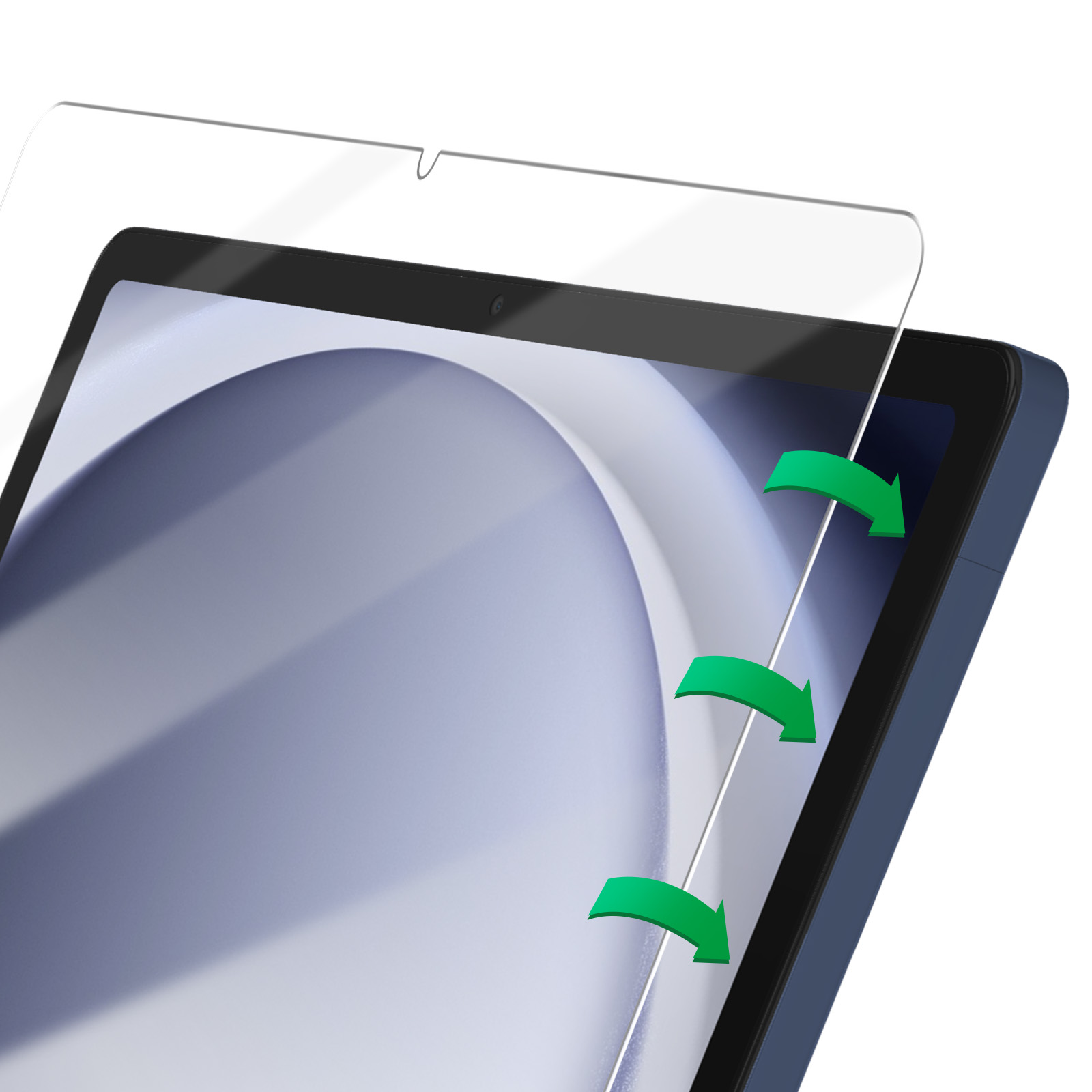Tablet con protezione schermo applicata, frecce verdi che puntano al tablet.