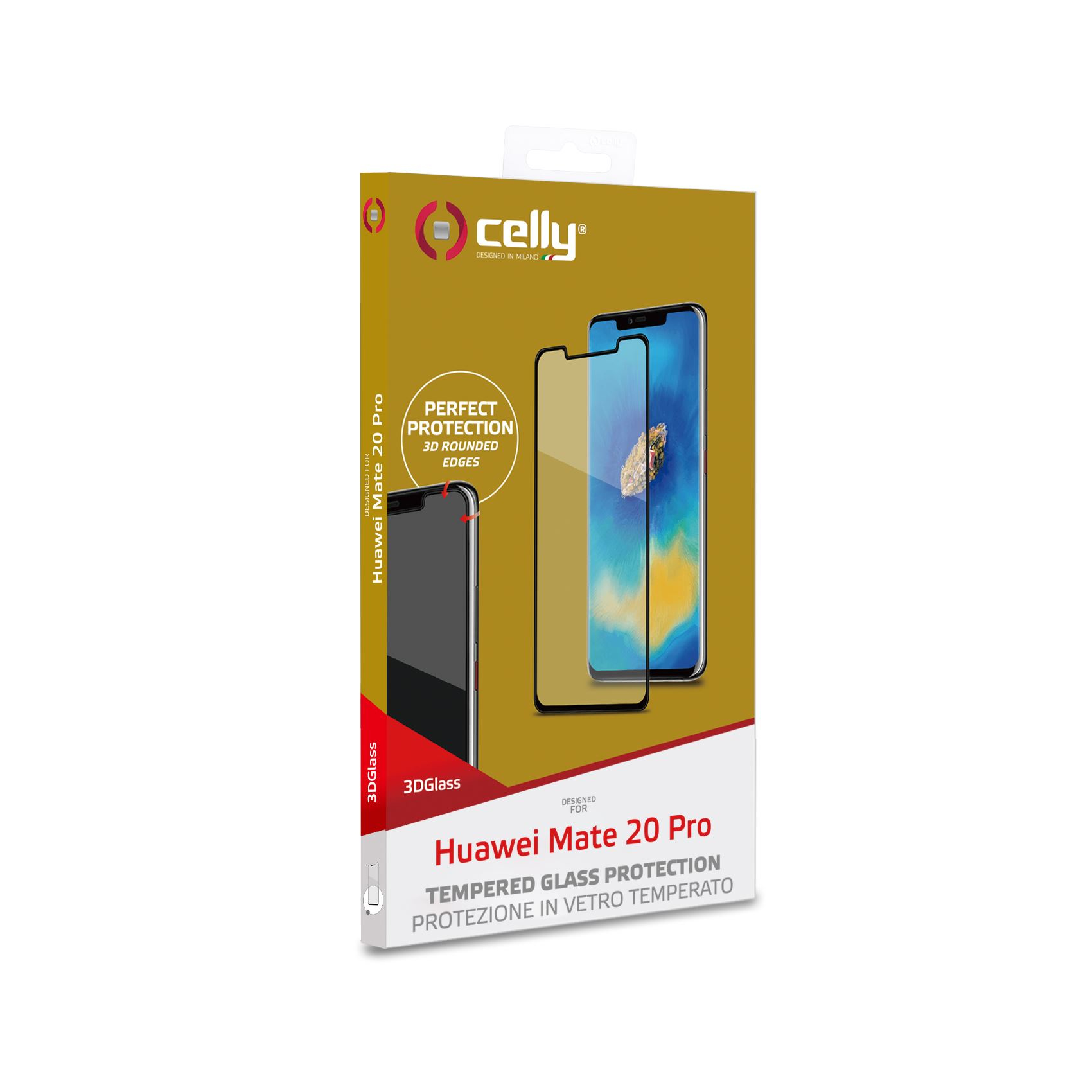 Scatola con telefono e protezione schermo. Bianco e giallo con il marchio Celly.