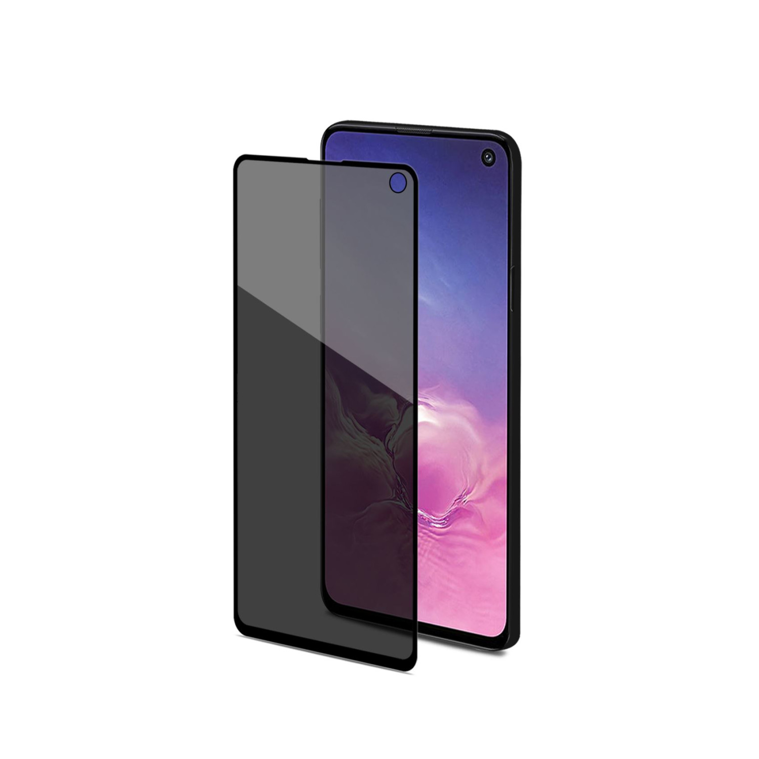 Un telefono e una protezione schermo sono mostrati. Il telefono è acceso, la protezione è grigio scuro.