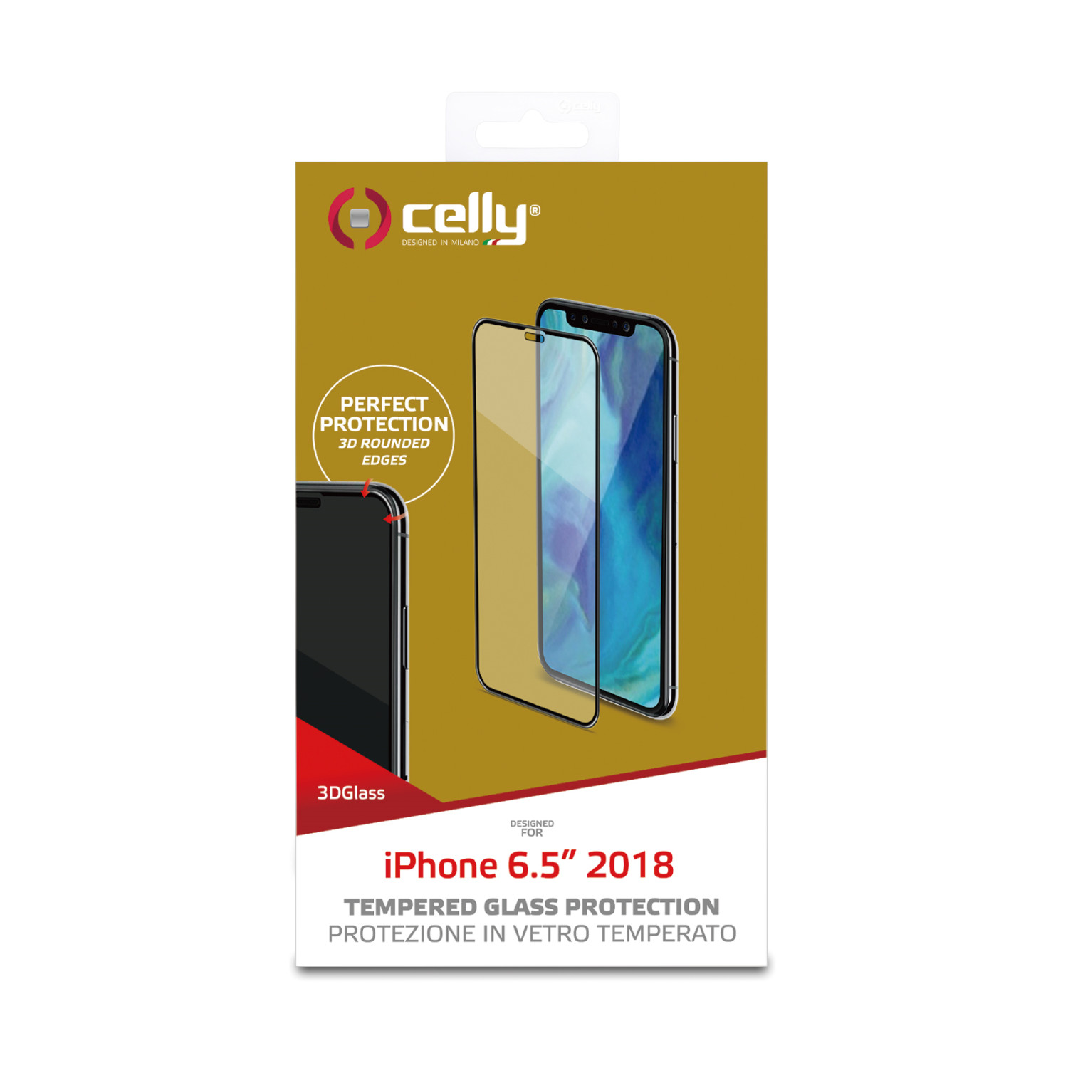 Un telefono e una protezione schermo sono presentati in una confezione del prodotto. La confezione evidenzia le caratteristiche.
