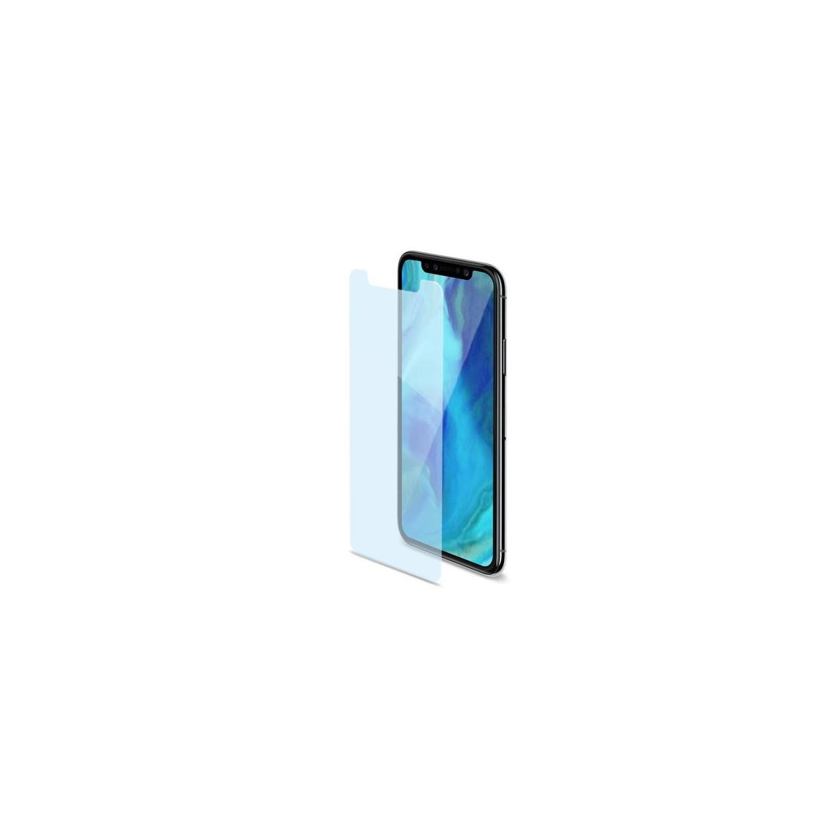 Un telefono e una protezione schermo sono mostrati. La protezione è trasparente e posizionata accanto al telefono.
