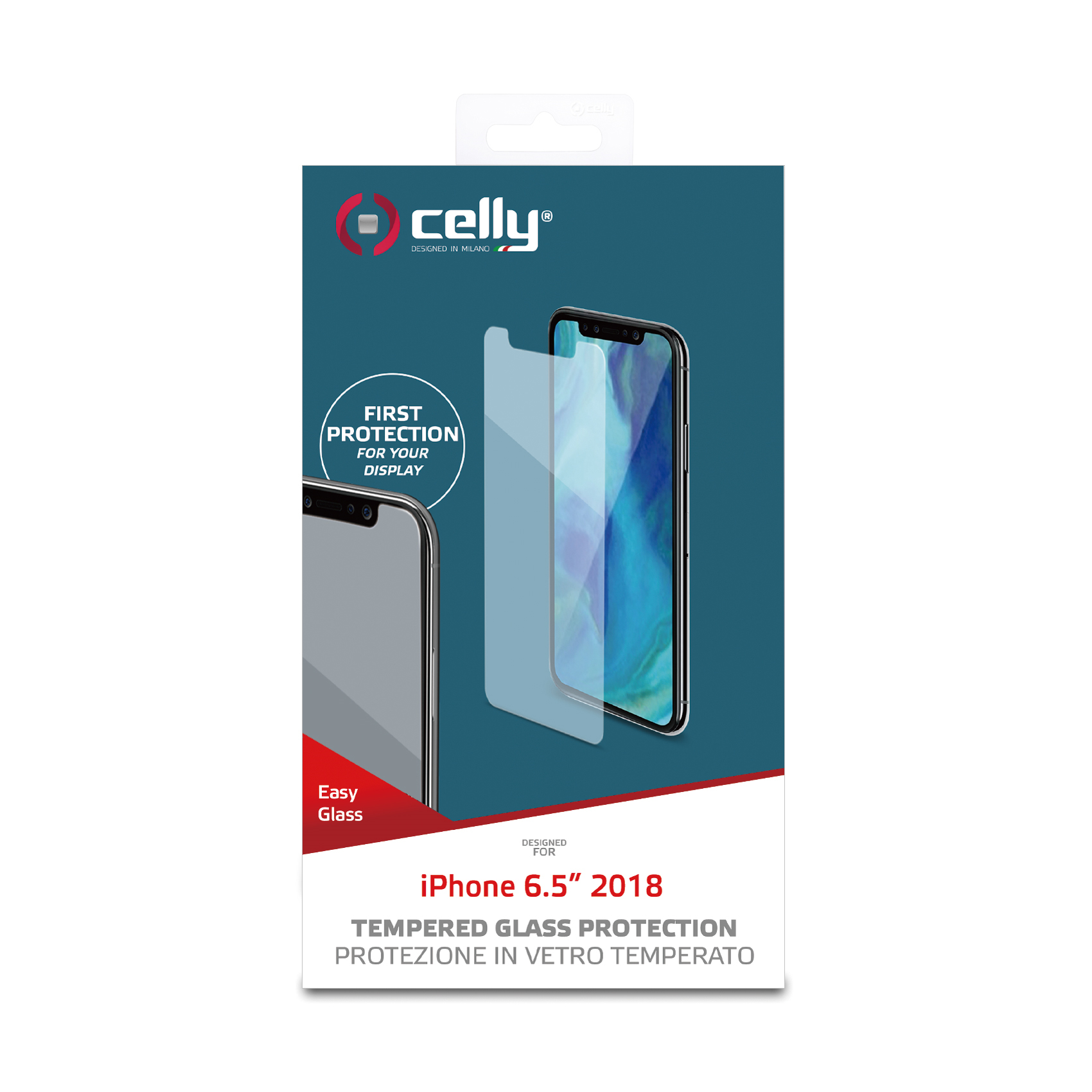 Scatola con protezione schermo per iPhone 6.5” 2018. Immagine di un telefono con protezione.