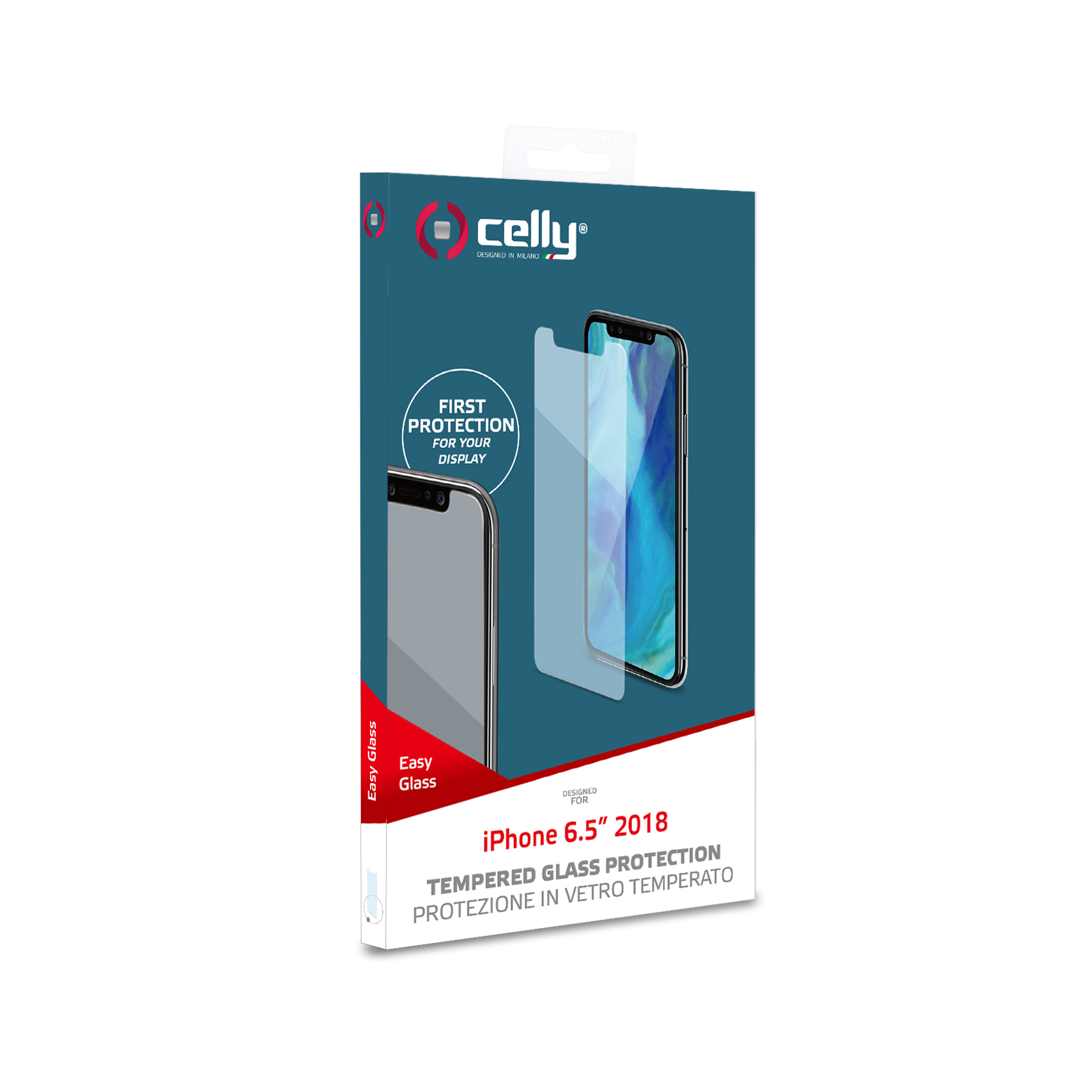 Scatola con protezione schermo per iPhone 6.5” 2018. Immagine di un telefono con protezione.