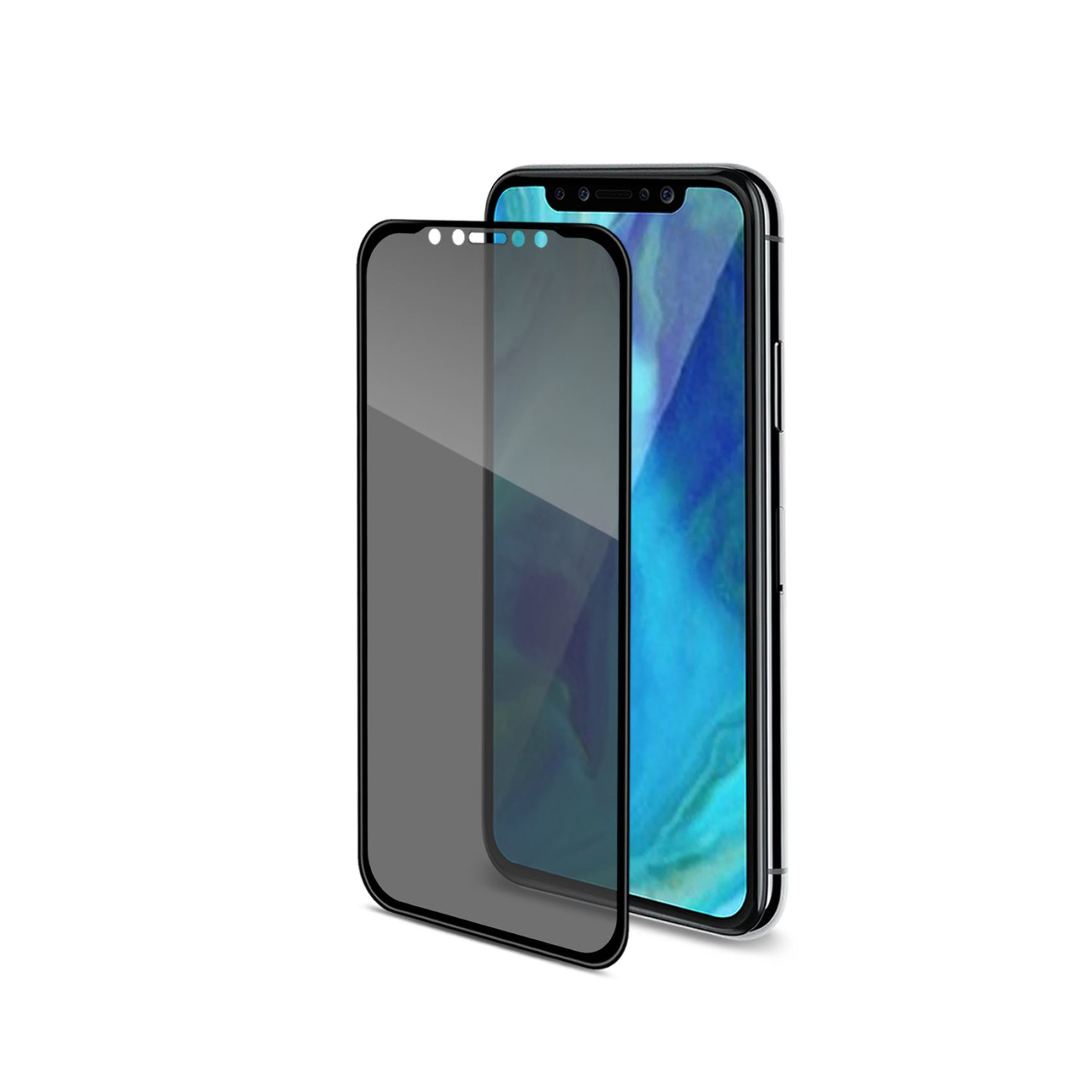 Uno smartphone e una protezione schermo, la protezione è scura, il telefono è blu.