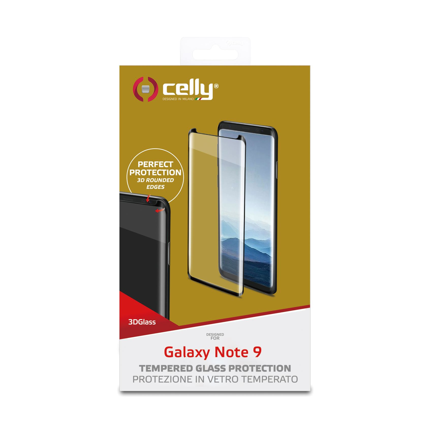 Scatola con protezione schermo. Testo: Galaxy Note 9.