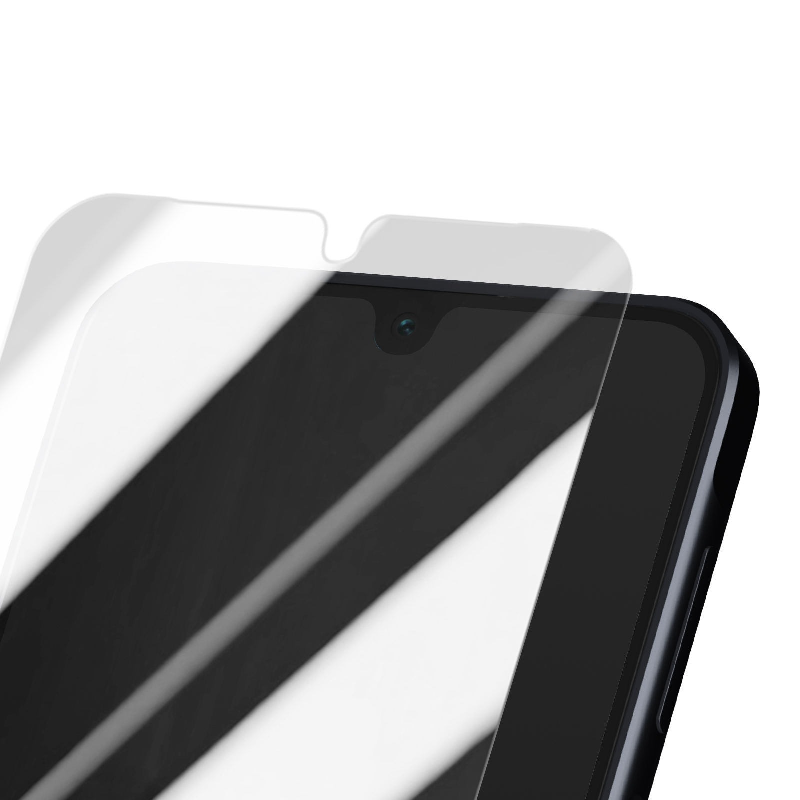 Smartfon i ochraniacz ekranu, ochraniacz jest przezroczysty z czarnym obrysem.