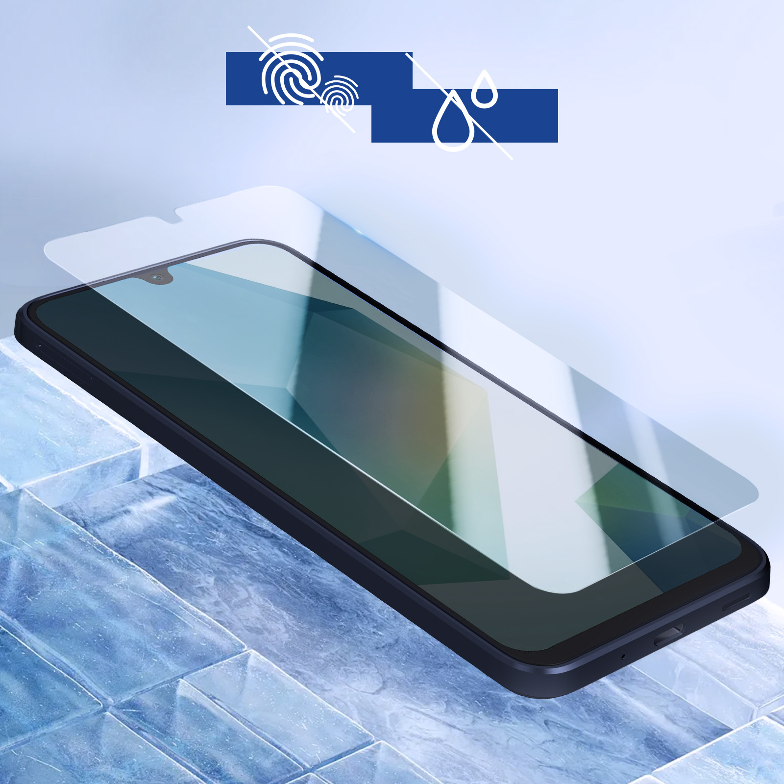 Smartfon i ochraniacz ekranu, ekran jest niebieski z ikonami dotyku i kropli wody.