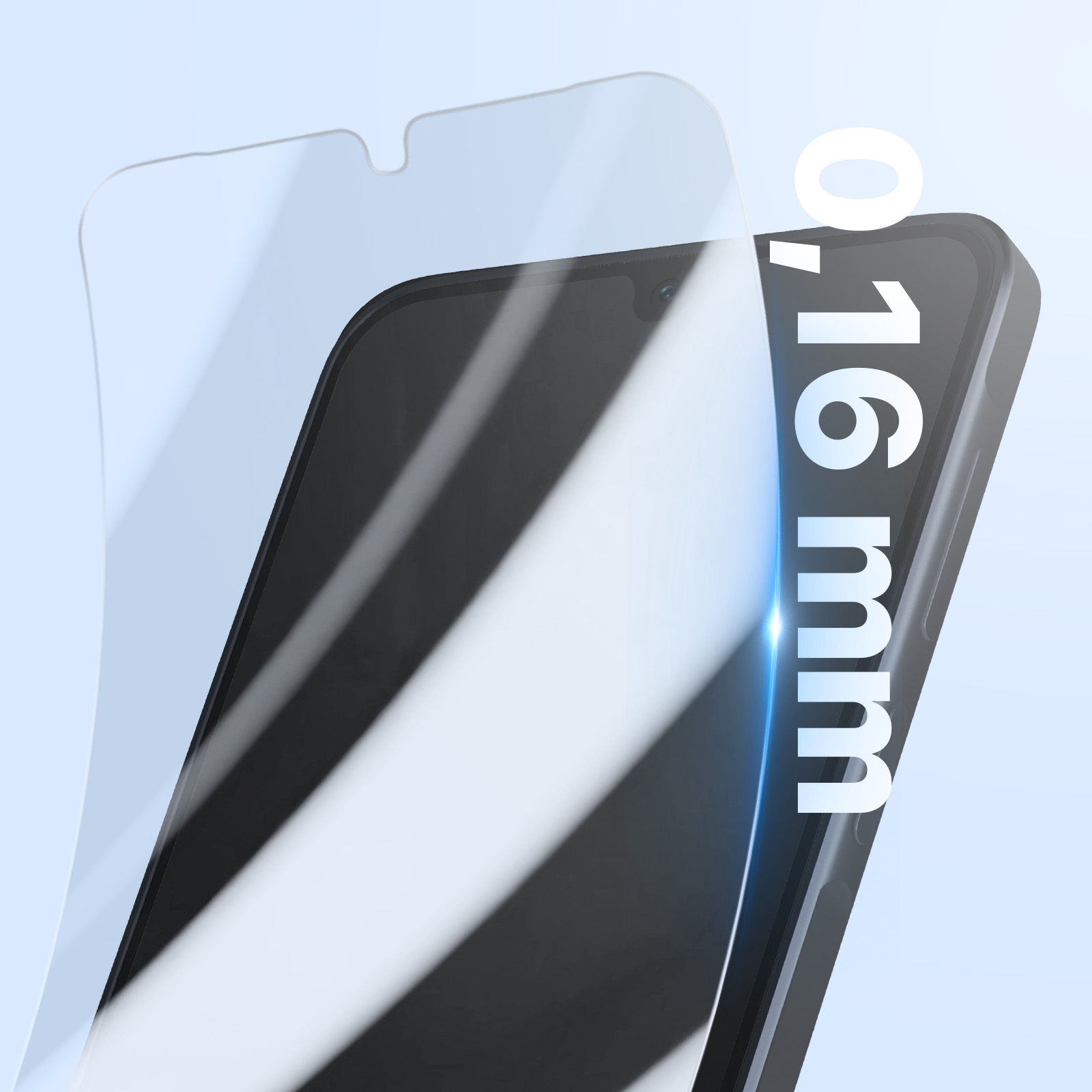 Smartfon z ochraniaczem ekranu, pokazujący pomiar grubości w białym tekście.