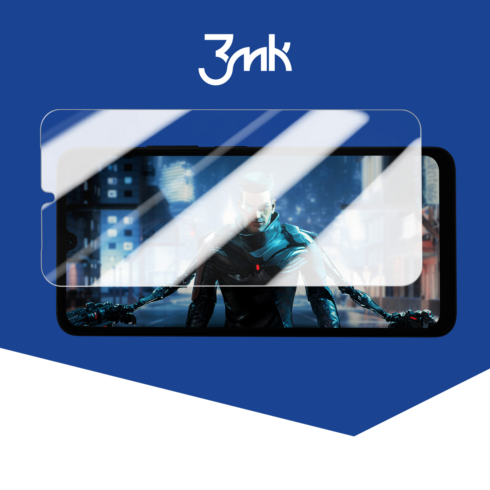 Telefon z ochraniaczem ekranu. Mężczyzna w futurystycznym otoczeniu jest na ekranie.