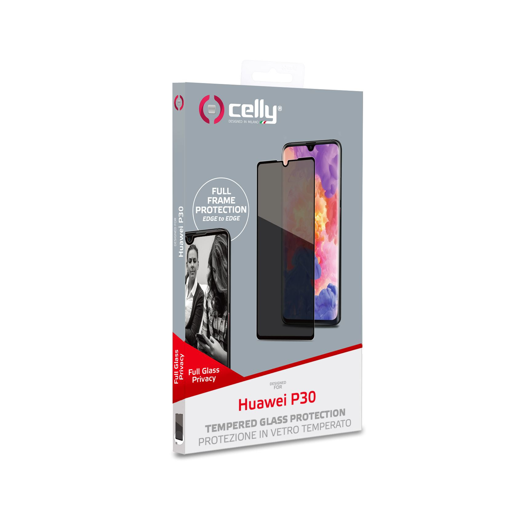 Telefono e confezione protezione schermo. Testo: Huawei P30. Nero e grigio.