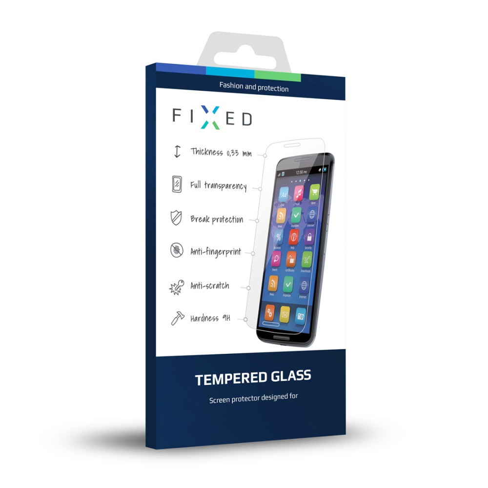 Scatola con protezione schermo. Testo: TEMPERED GLASS. Il telefono è sulla scatola.