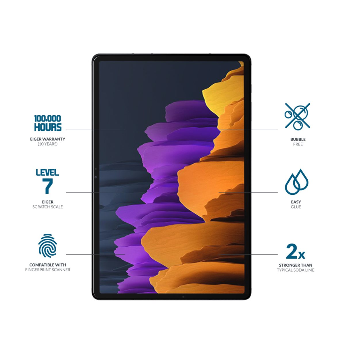 Tableta con protector de pantalla. La pantalla muestra olas moradas y naranjas. También se ven texto e iconos.