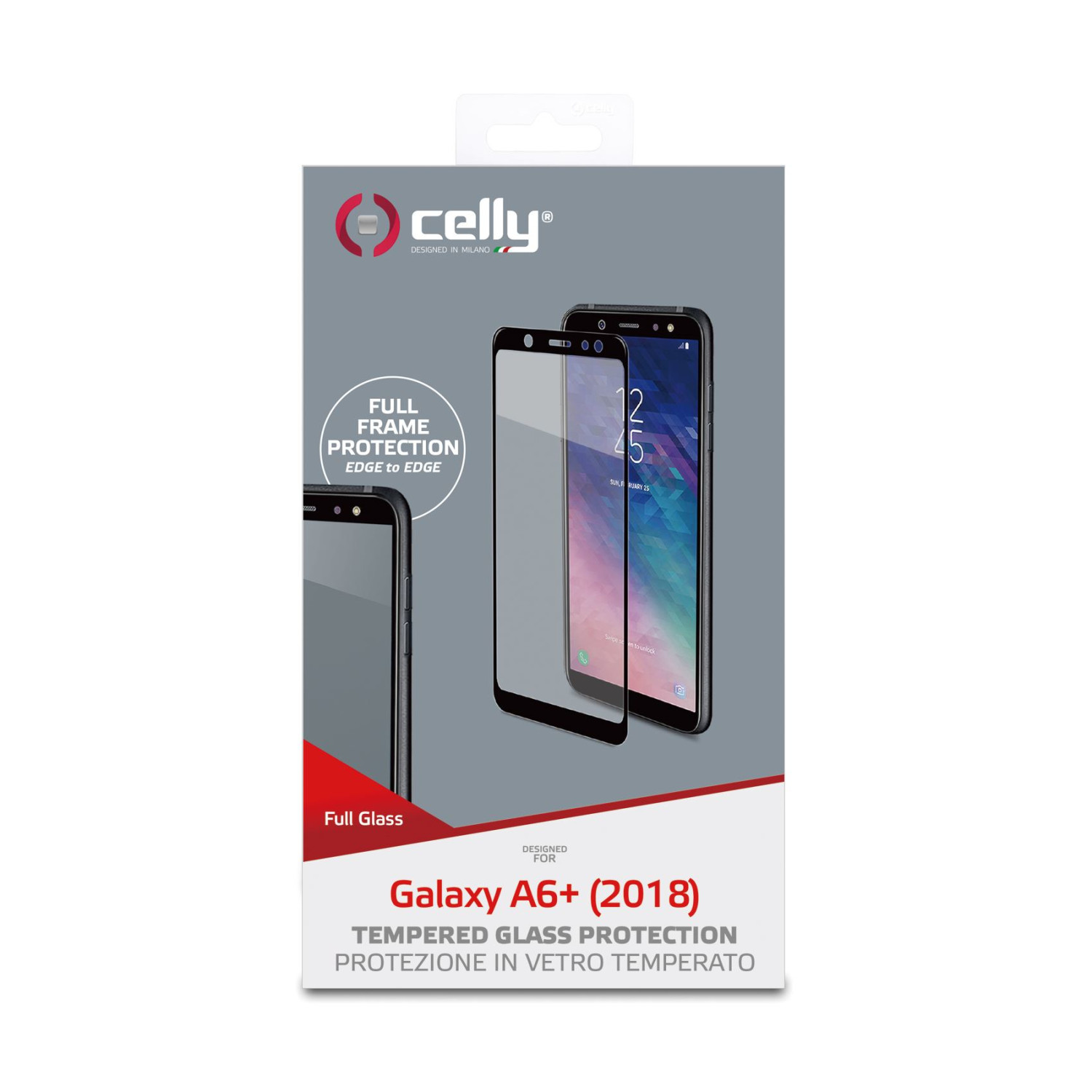 Una confezione di protezione schermo per telefono. La confezione è grigia con un'immagine del telefono e della protezione.