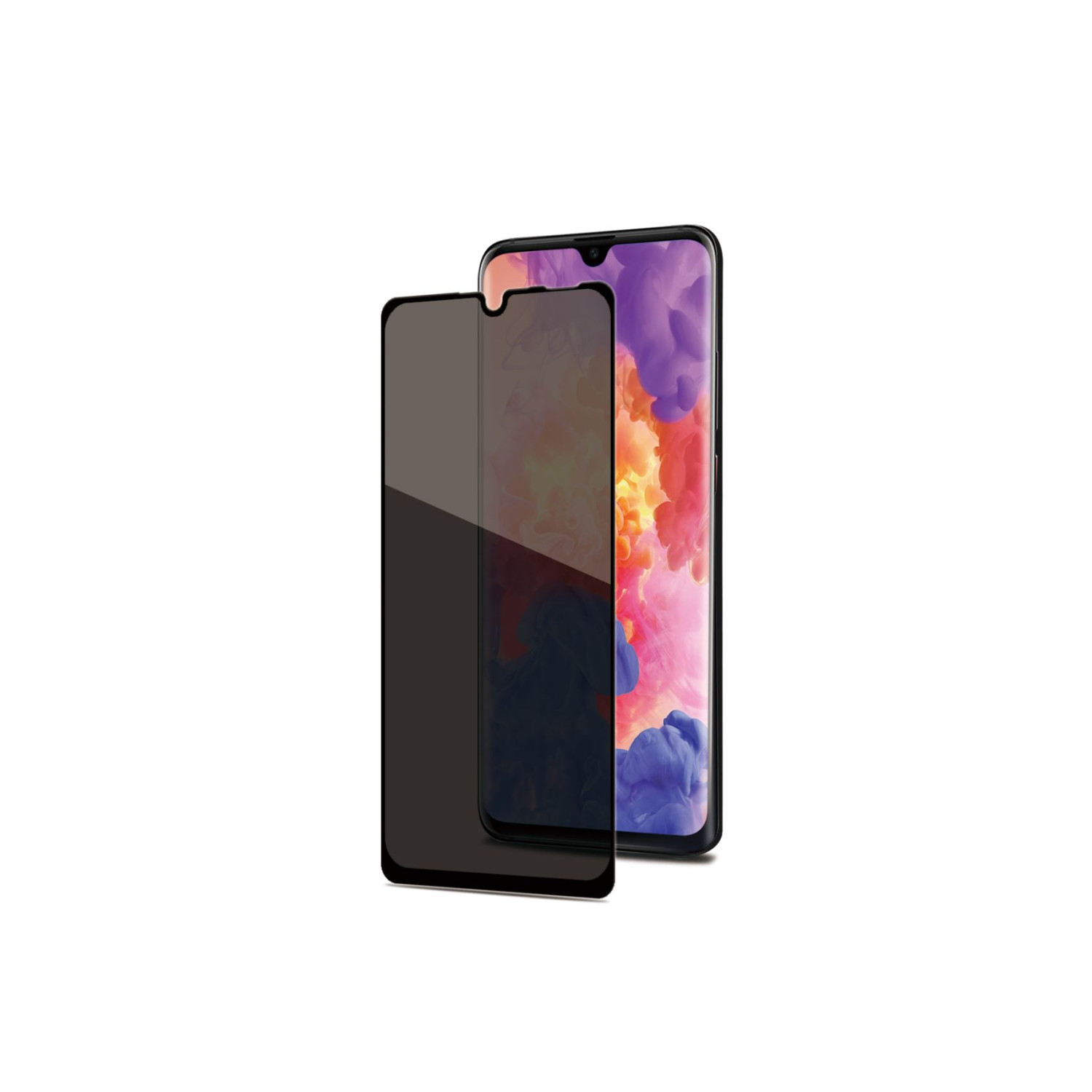 Telefono con protezione schermo. Il telefono mostra un'immagine colorata. La protezione è leggermente trasparente e nera.