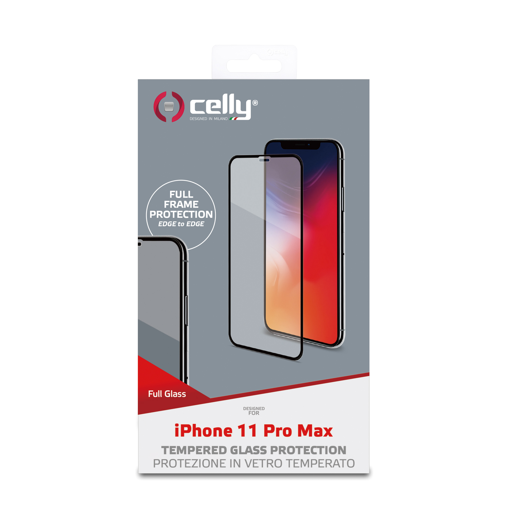 Pudełko z folią Celly do iPhone 11 Pro Max. Telefon i ochrona widoczne.