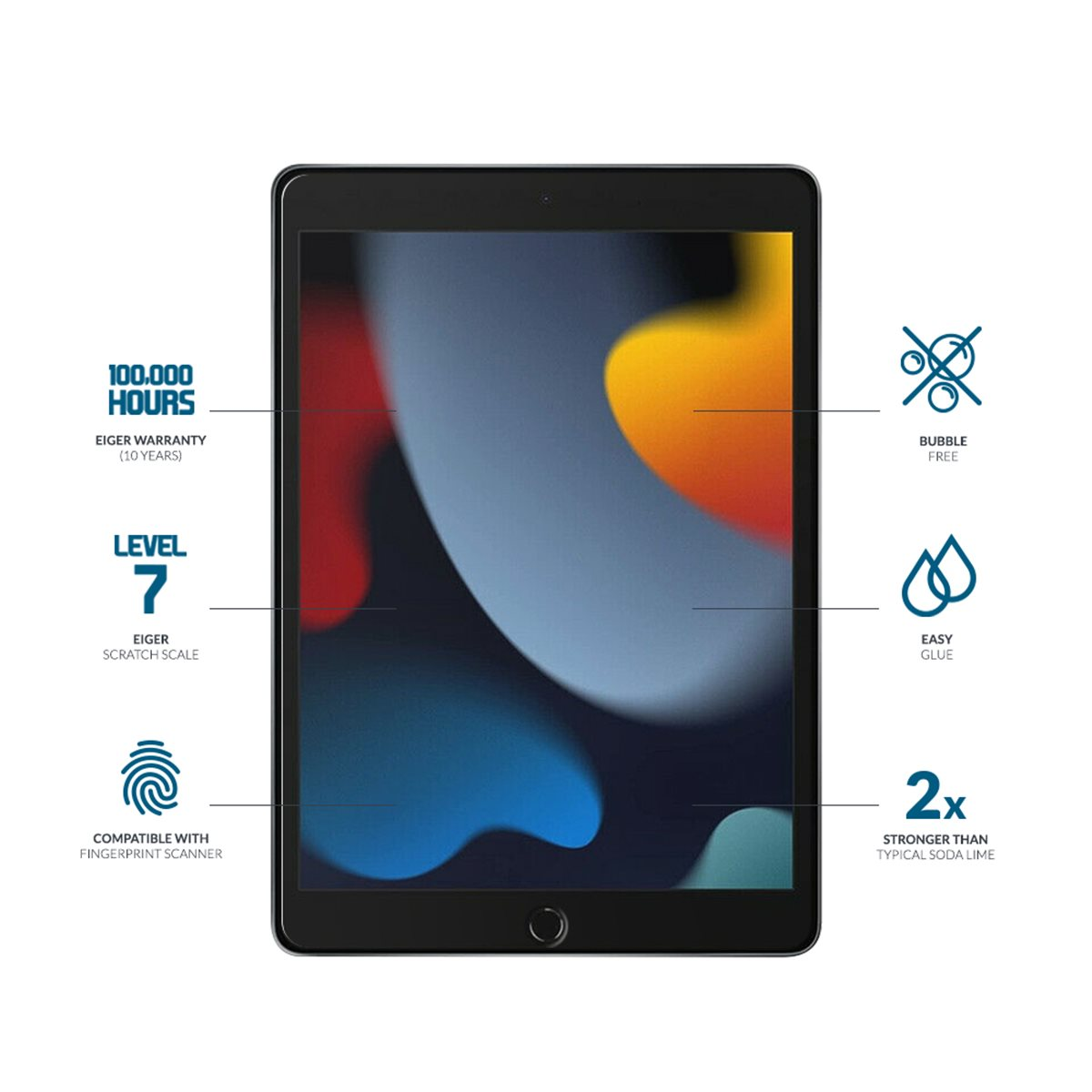 Un tablet nero con protezione schermo. Lo schermo mostra un'immagine astratta colorata.