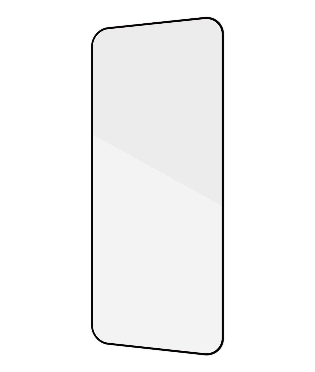 Przezroczysty ochraniacz ekranu z czarną obwódką, białe tło. Ochraniacz ma zaokrąglone rogi.