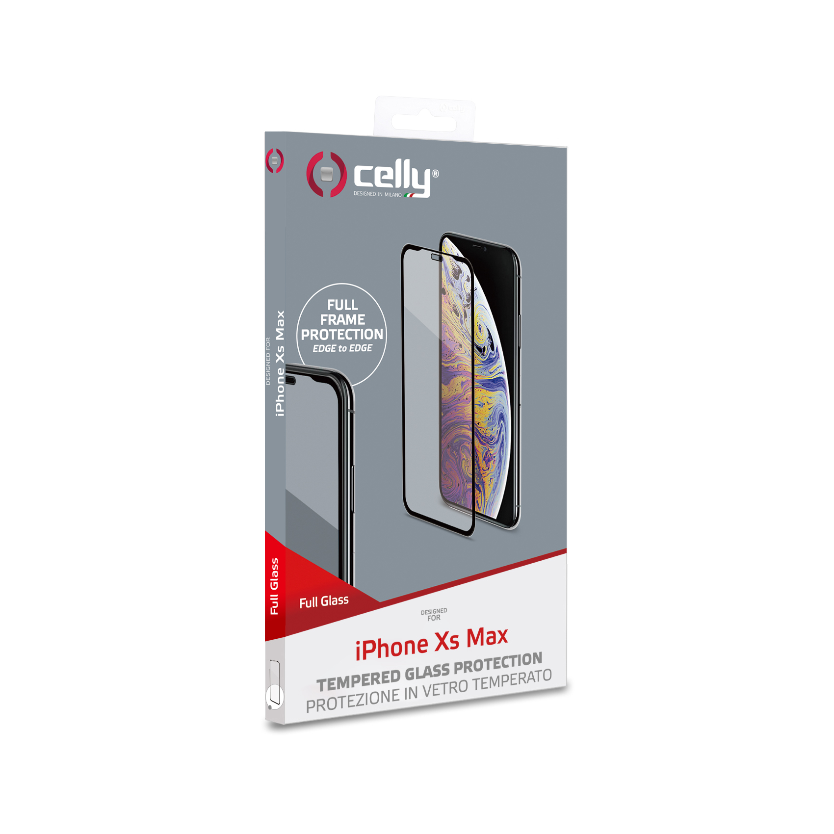 Scatola di protezione in vetro temperato per iPhone Xs Max. Mostra telefono con protezione.
