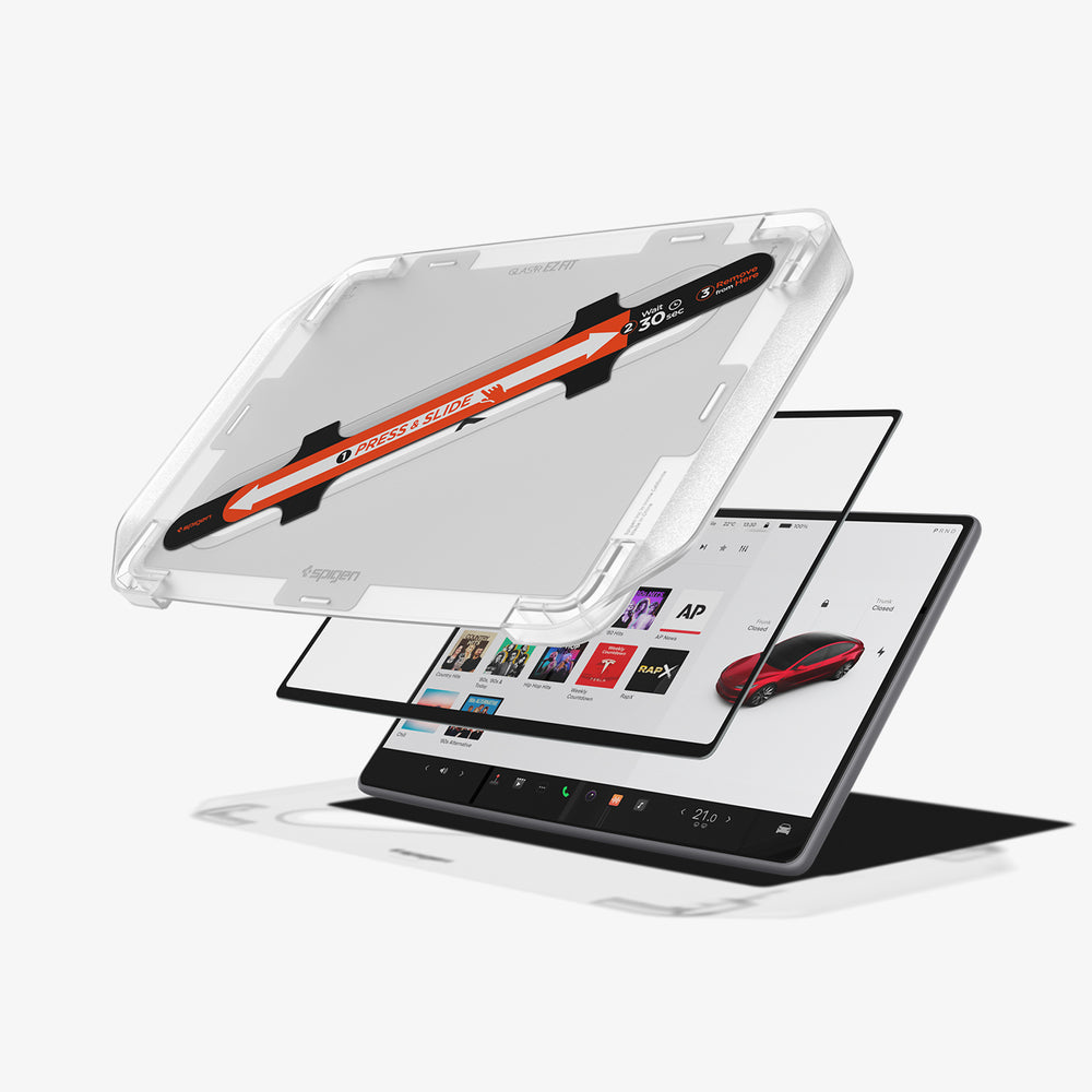 Kit protezione schermo Tesla con custodia, protezione e interfaccia Tesla sullo schermo.