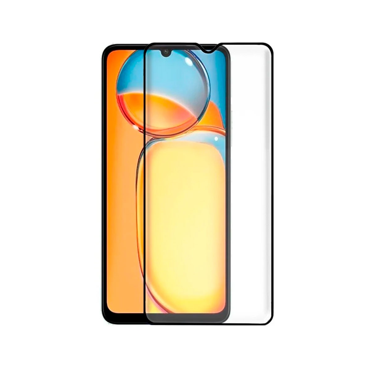 Un telefono con una protezione schermo. Il telefono ha uno sfondo arancione e blu.