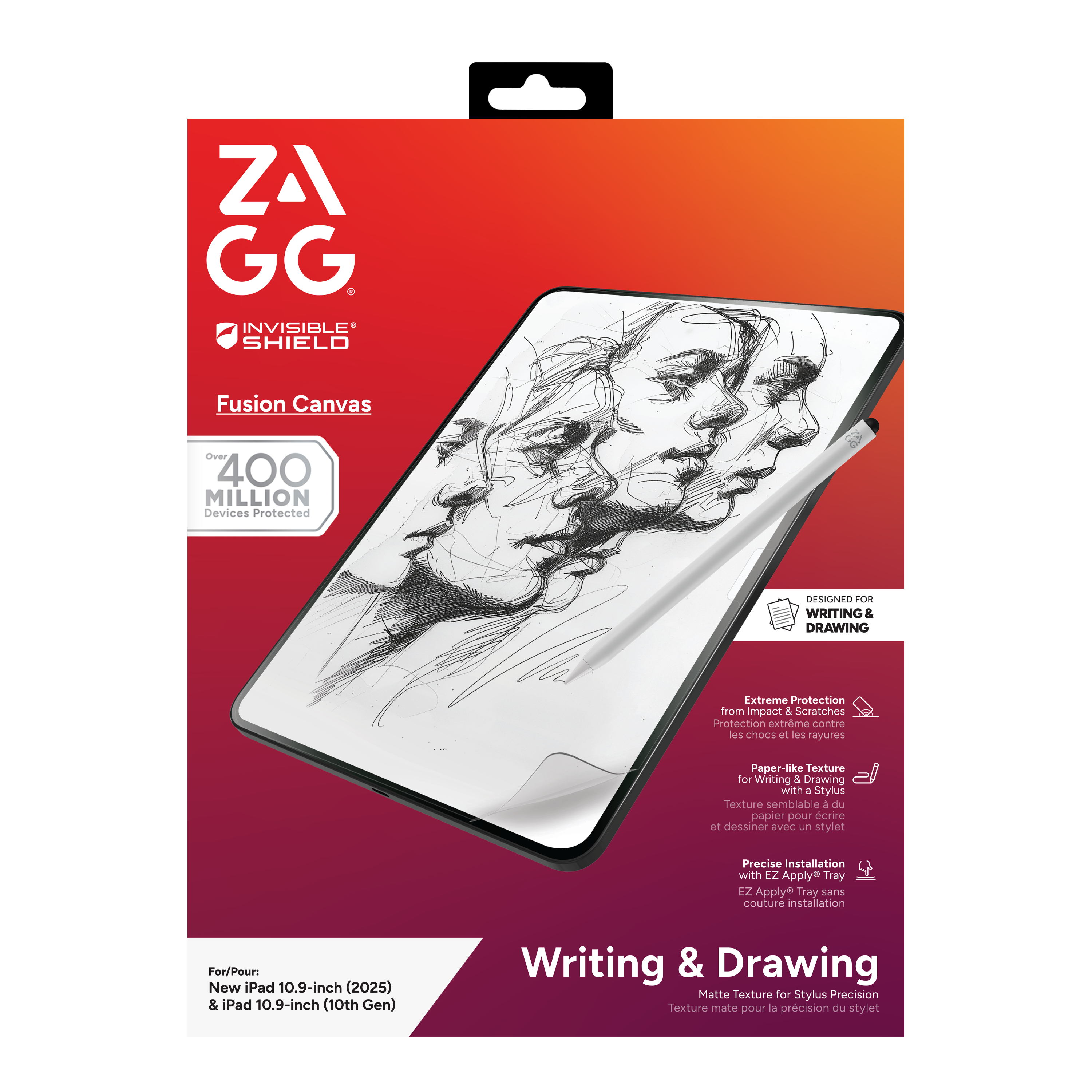 Scatola ZAGG Invisible Shield con un tablet. Il tablet mostra schizzi a matita di volti. La scatola dice 'Fusion Canvas'.