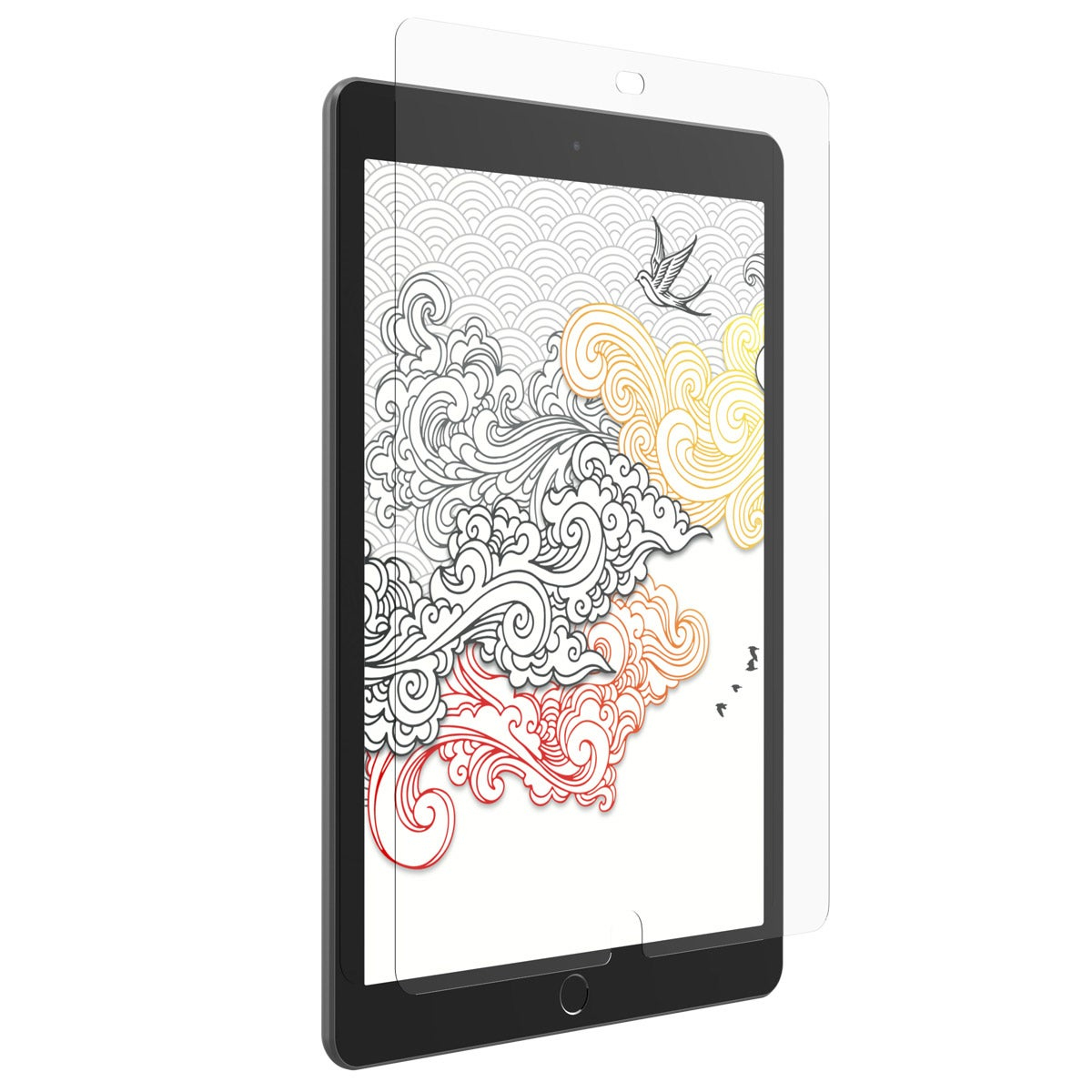 Tablet z ochraniaczem ekranu. Ekran pokazuje artystyczny rysunek.