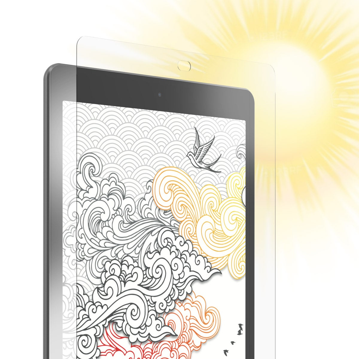 Tablet z ochroną ekranu pokazującą sztukę, z słońcem w tle.
