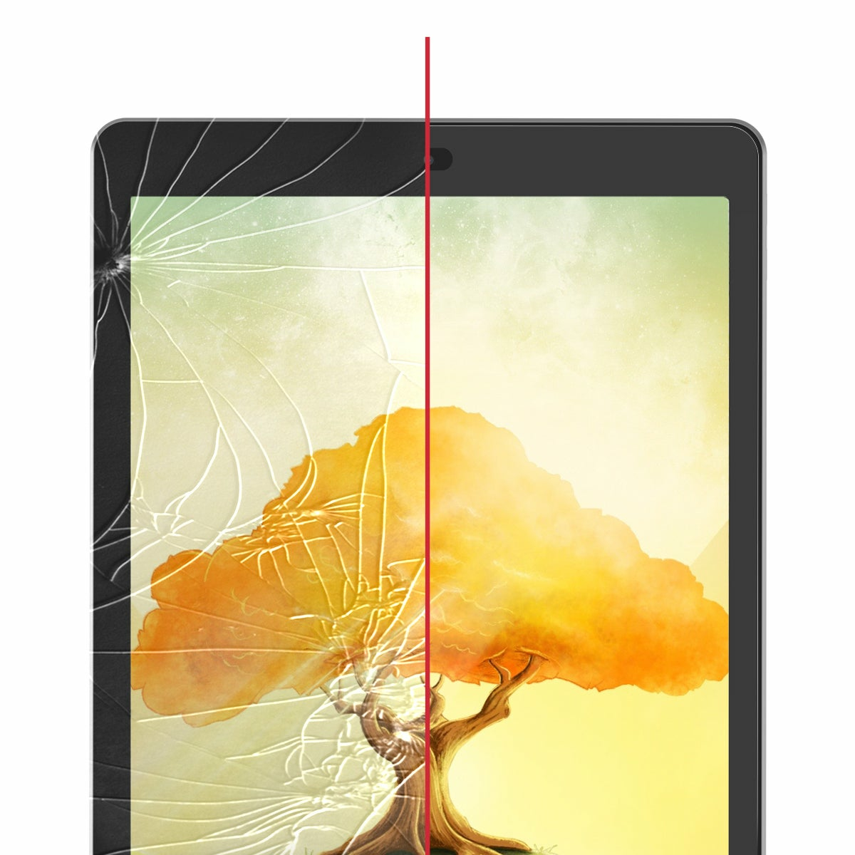 Tablet z pękniętym ekranem po lewej. Po prawej kolorowa scena z drzewem.