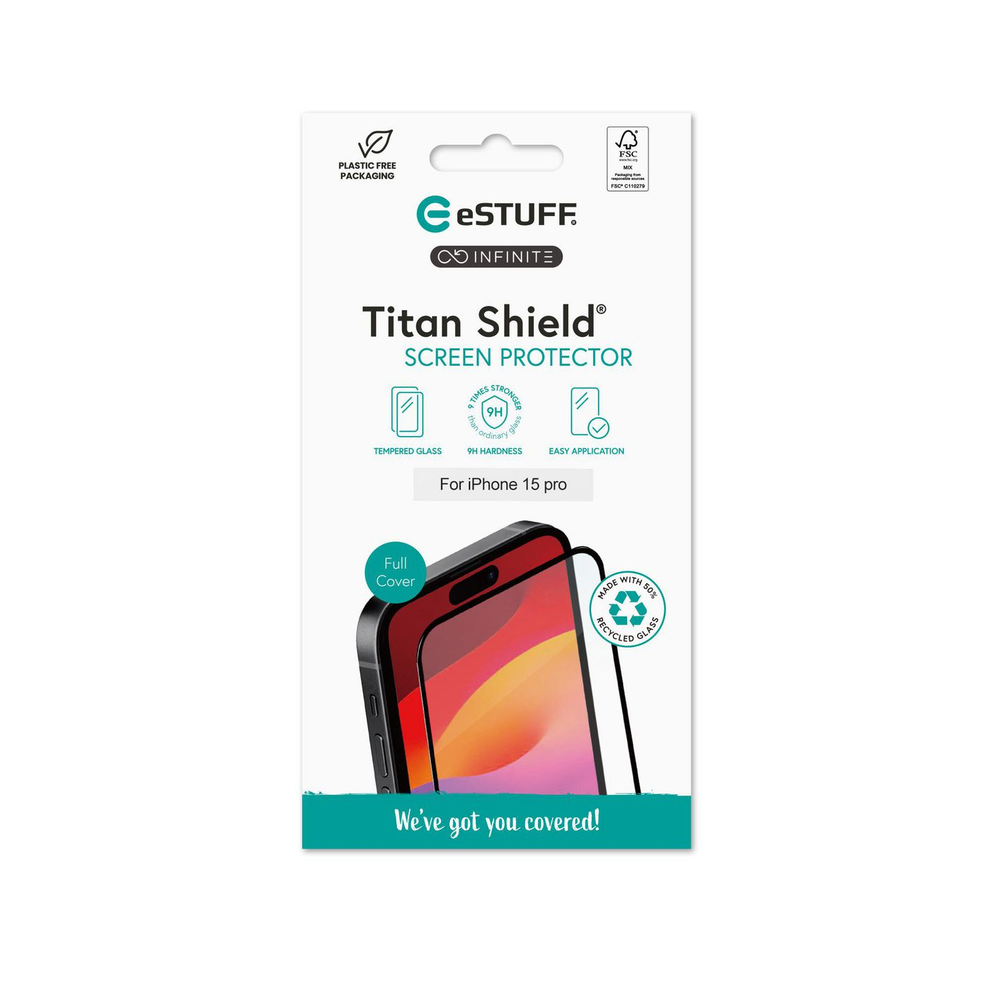 Una scatola per la protezione dello schermo con un telefono. La scatola ha il marchio eSTUFF e un'immagine del telefono.