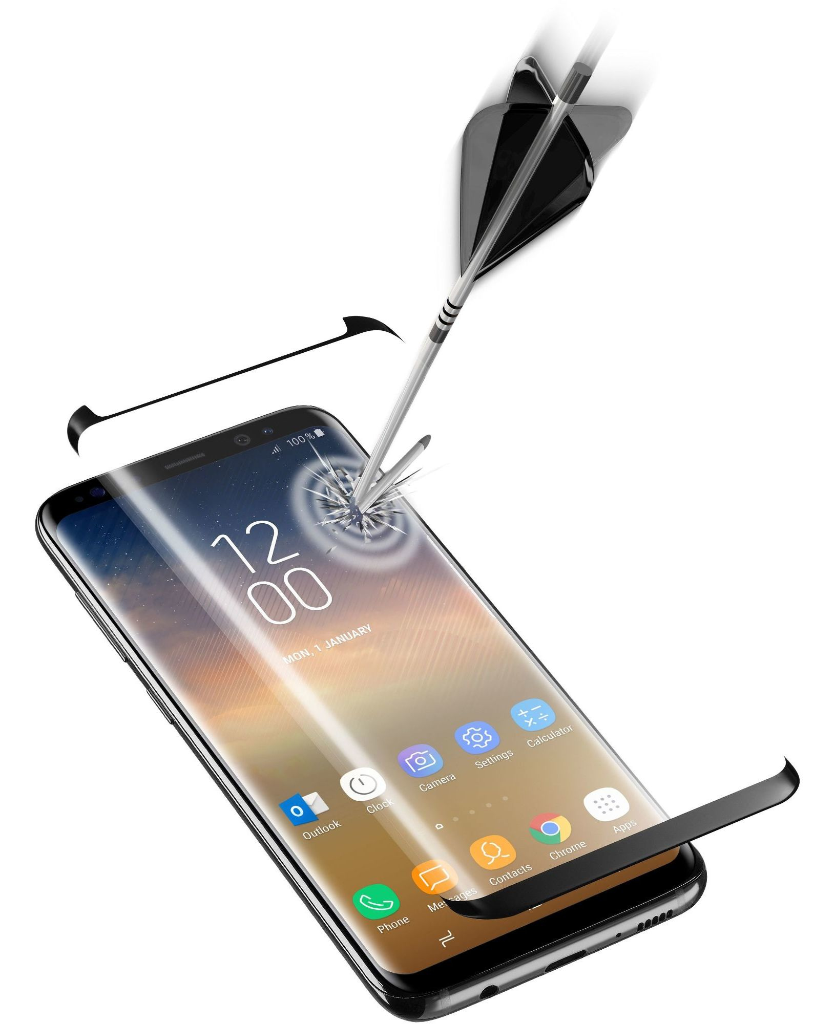 Una freccetta perfora la protezione dello schermo di un telefono, mostrando il telefono sottostante. La protezione si sta staccando.