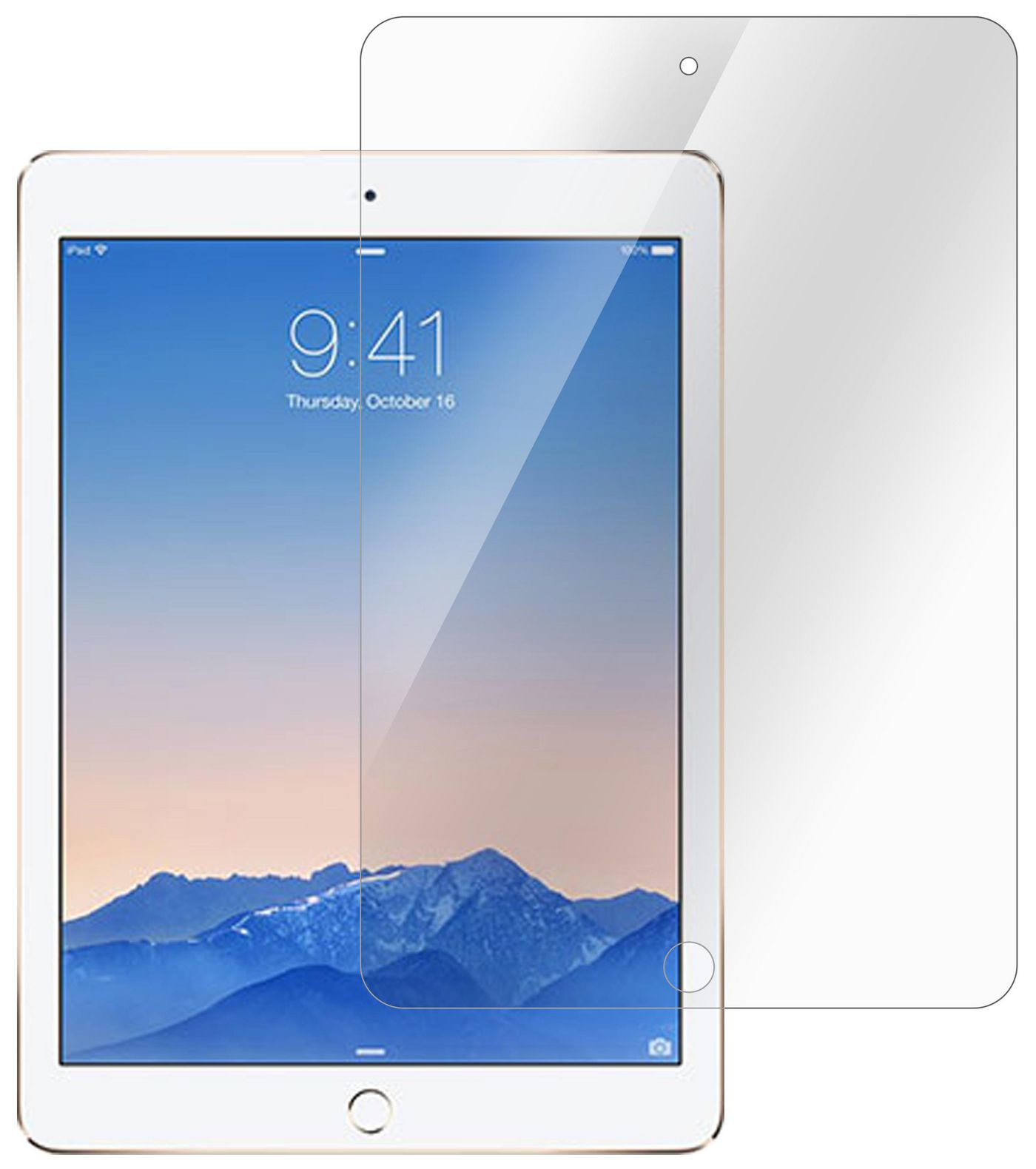 iPad con protezione schermo. Lo schermo mostra l'ora e una scena di spiaggia.