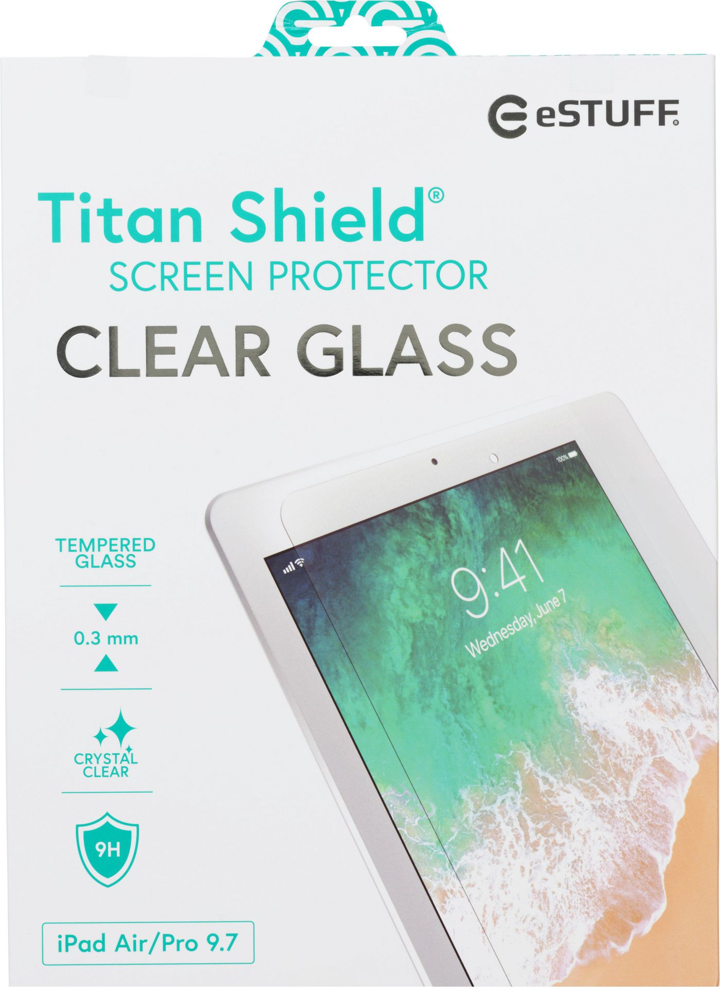 Scatola con 'Titan Shield' e iPad. L'iPad mostra l'ora e una spiaggia.