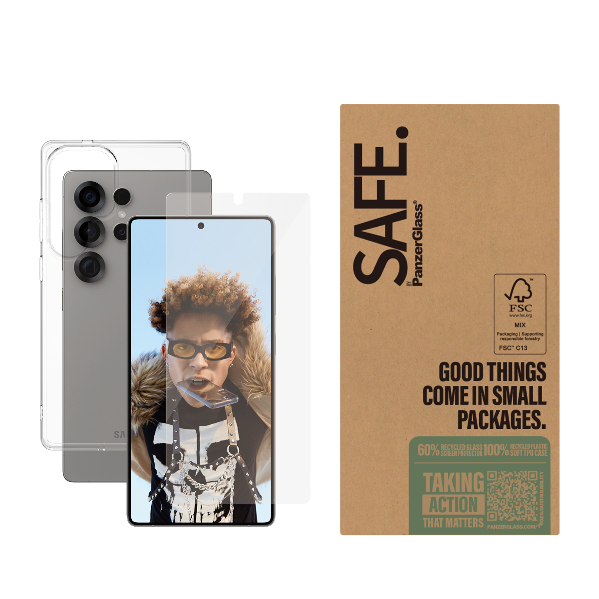 Telefono con protezione schermo, custodia trasparente e scatola. Persona con occhiali.