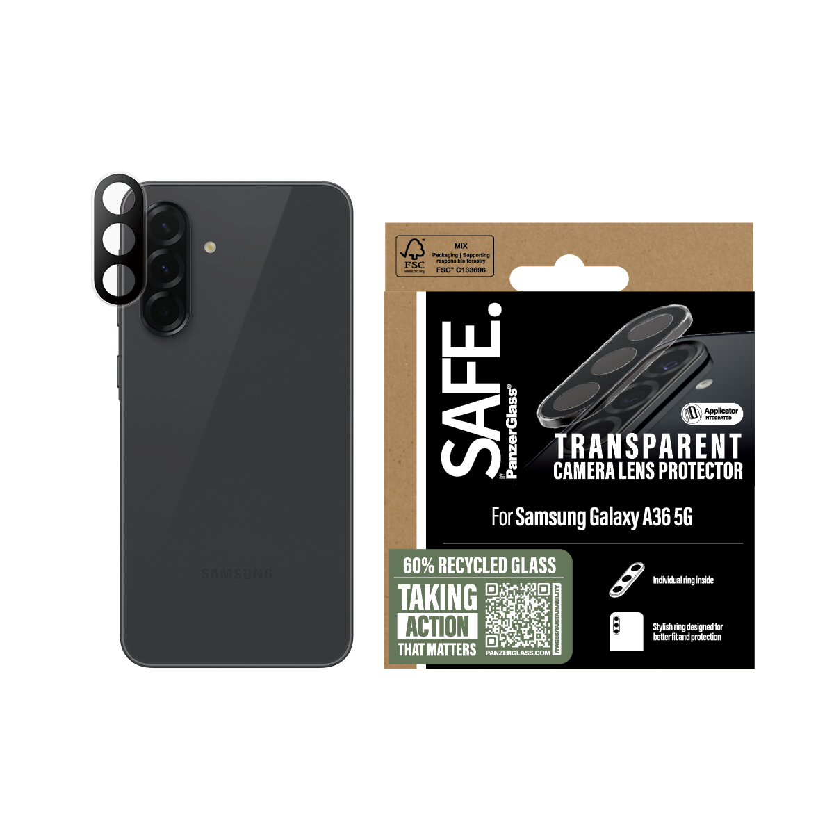 Telefono nero con protezione per lenti della fotocamera e scatola marrone con testo Safe e protezione fotocamera.