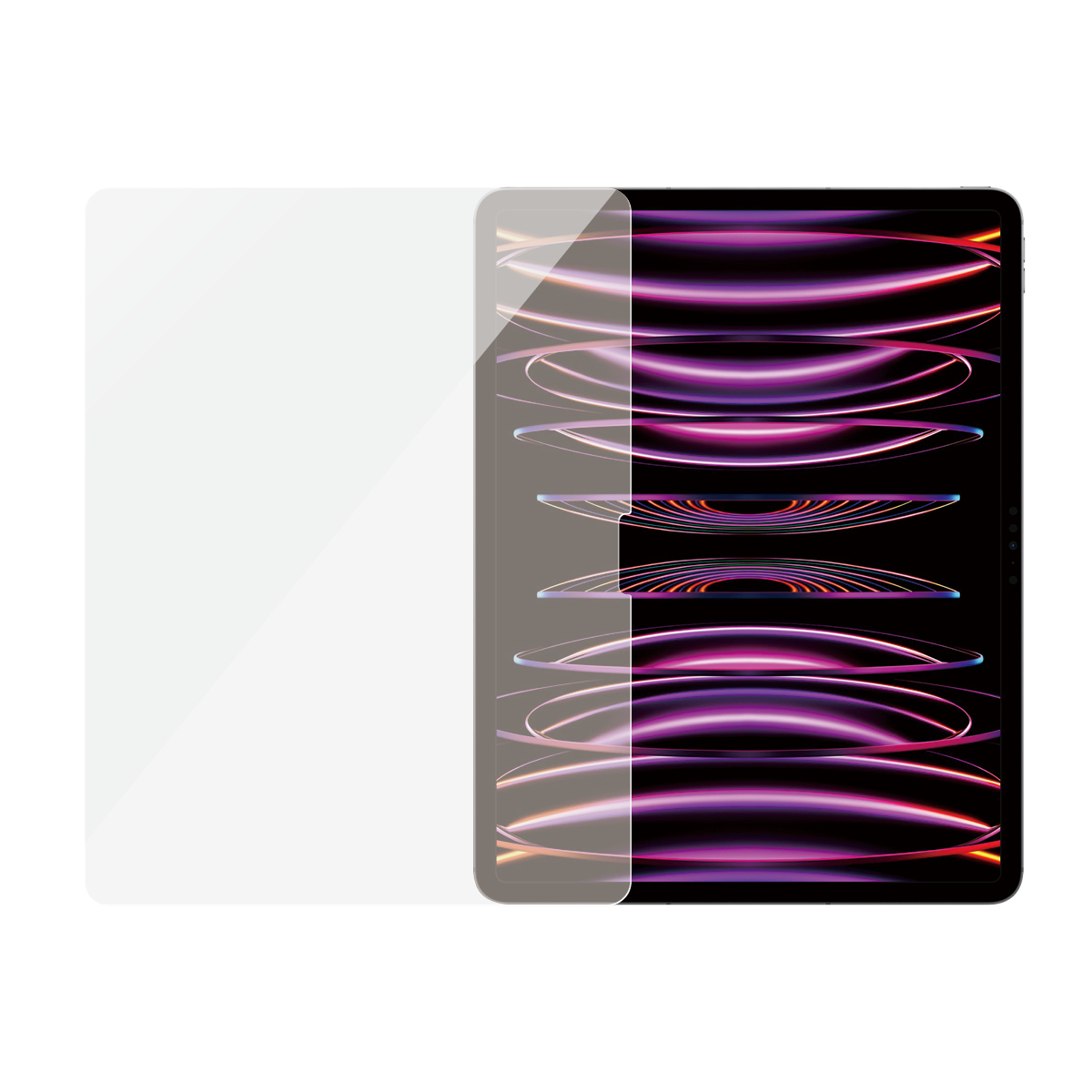 Tablet con protezione schermo, e la protezione schermo accanto al tablet.