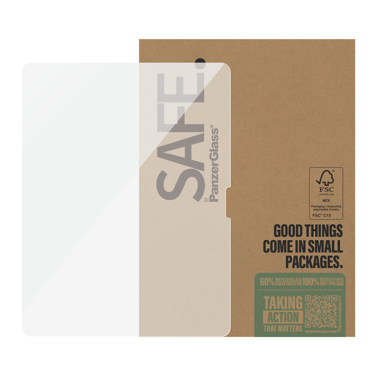 Protezione schermo trasparente su supporto in cartone. Testo: SAFE, by PanzerGlass, e informazioni.