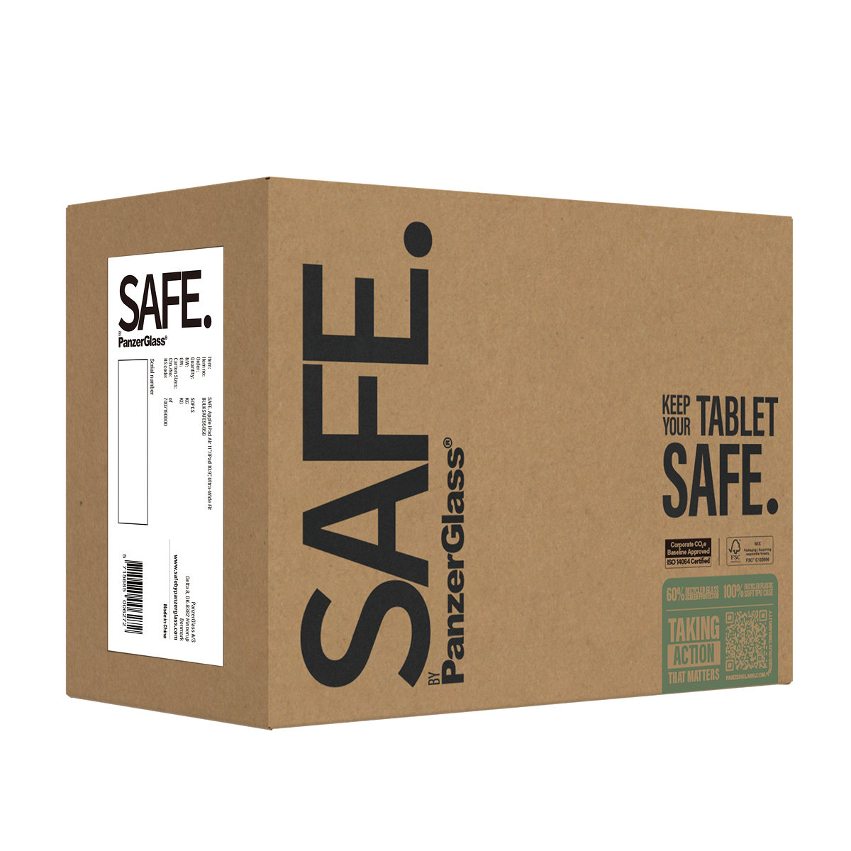 Scatola di cartone con logo SAFE. Il testo recita KEEP YOUR TABLET SAFE. e informazioni sul prodotto.