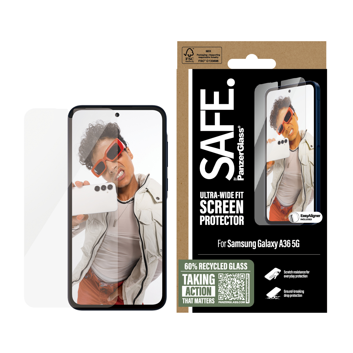 Un téléphone avec protecteur d'écran et une femme sur l'écran et la boîte.
