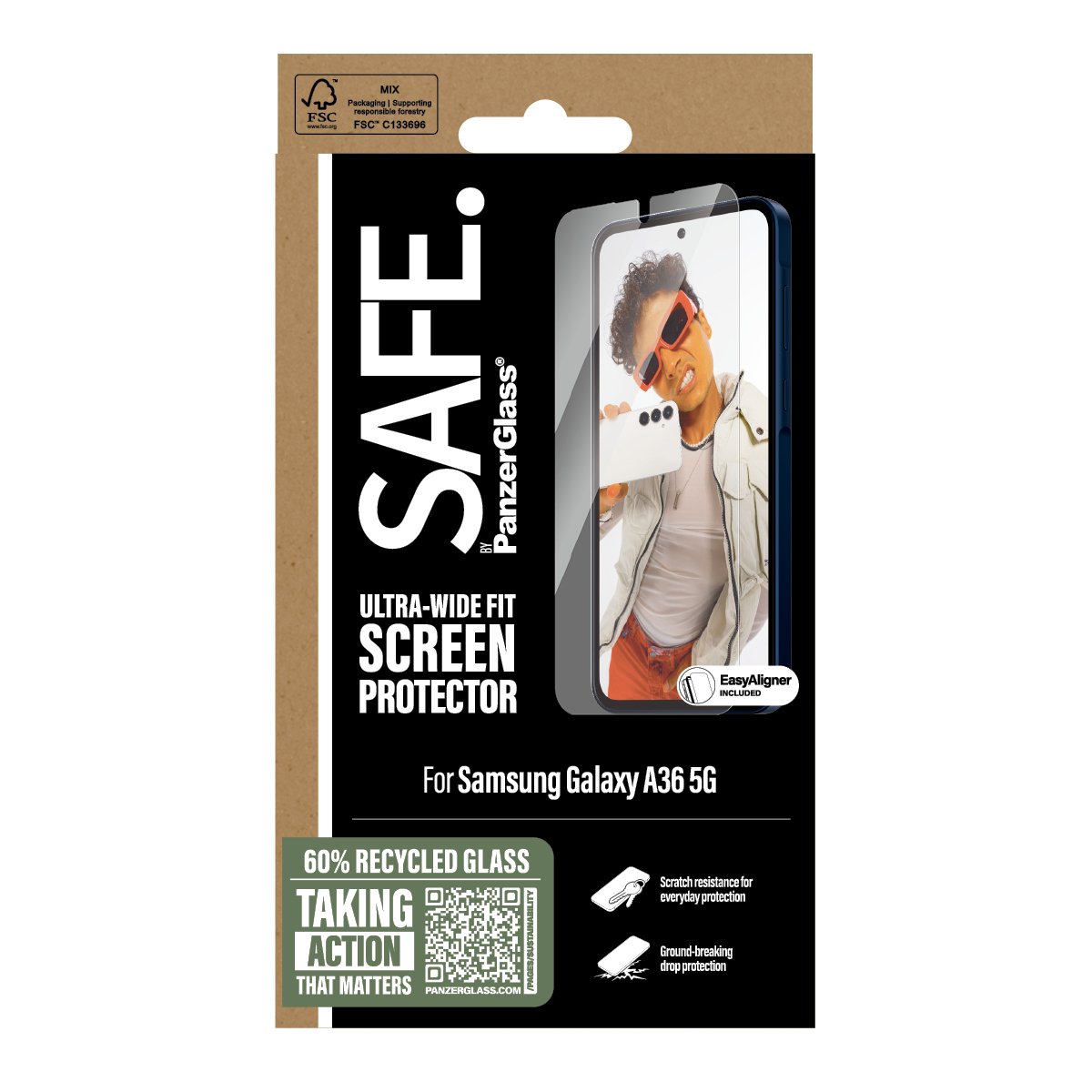Une boîte de protection d'écran pour un téléphone. La boîte contient du texte et une image d'un téléphone.