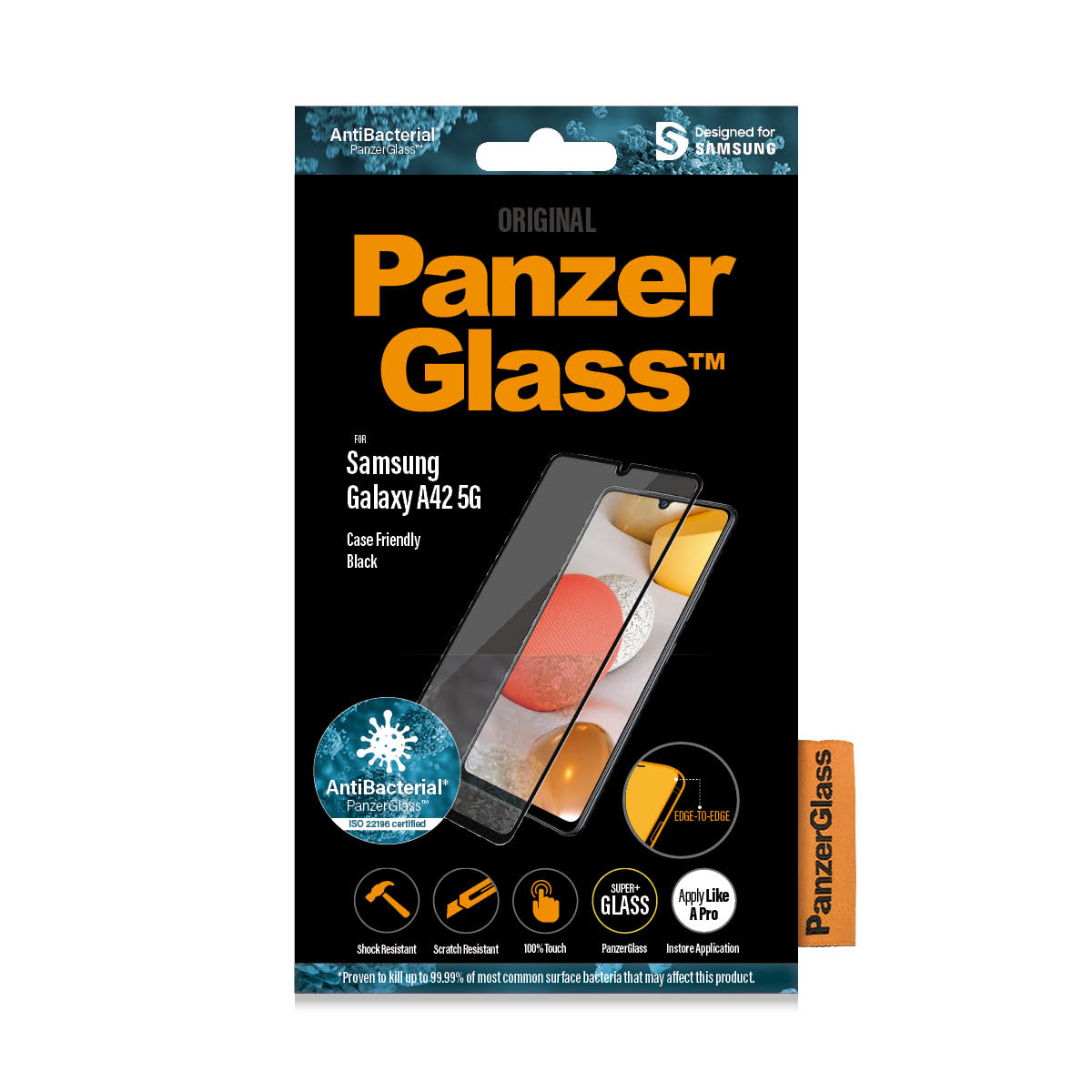 Confezione del prodotto PanzerGlass. Per Samsung Galaxy A42 5G. La confezione mostra il prodotto.