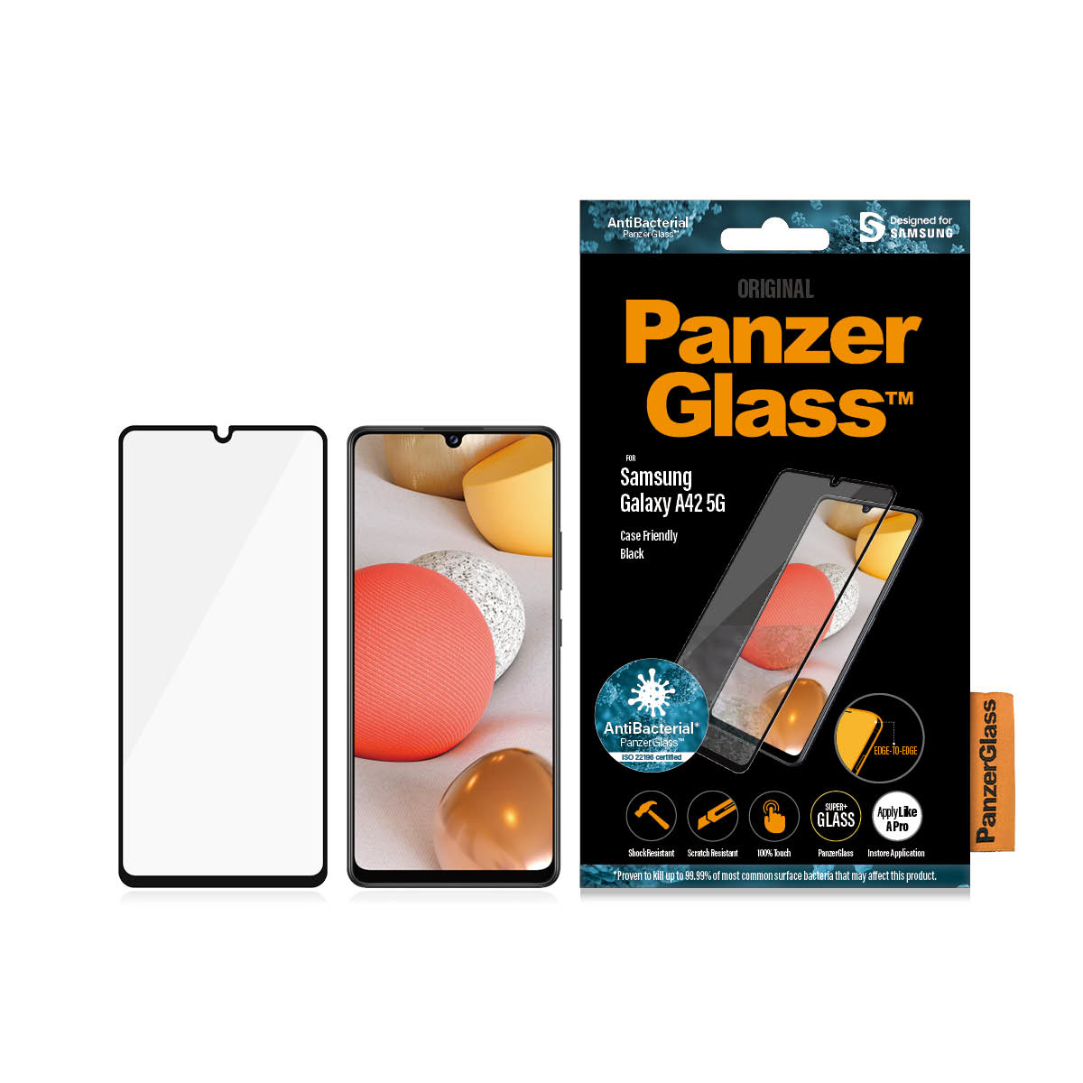 Confezione del prodotto PanzerGlass per Samsung Galaxy A42 5G, con telefono e protezione.