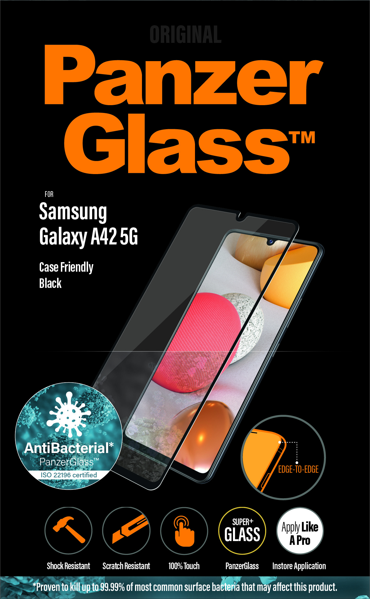 Confezione del prodotto PanzerGlass. Per Samsung Galaxy A42 5G. Mostra telefono con protezione schermo.