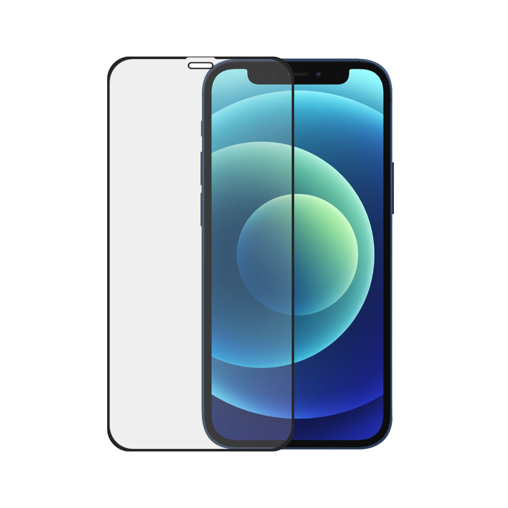 Un iPhone blu con una protezione schermo sopra. Il telefono ha un retro blu e uno schermo bianco.