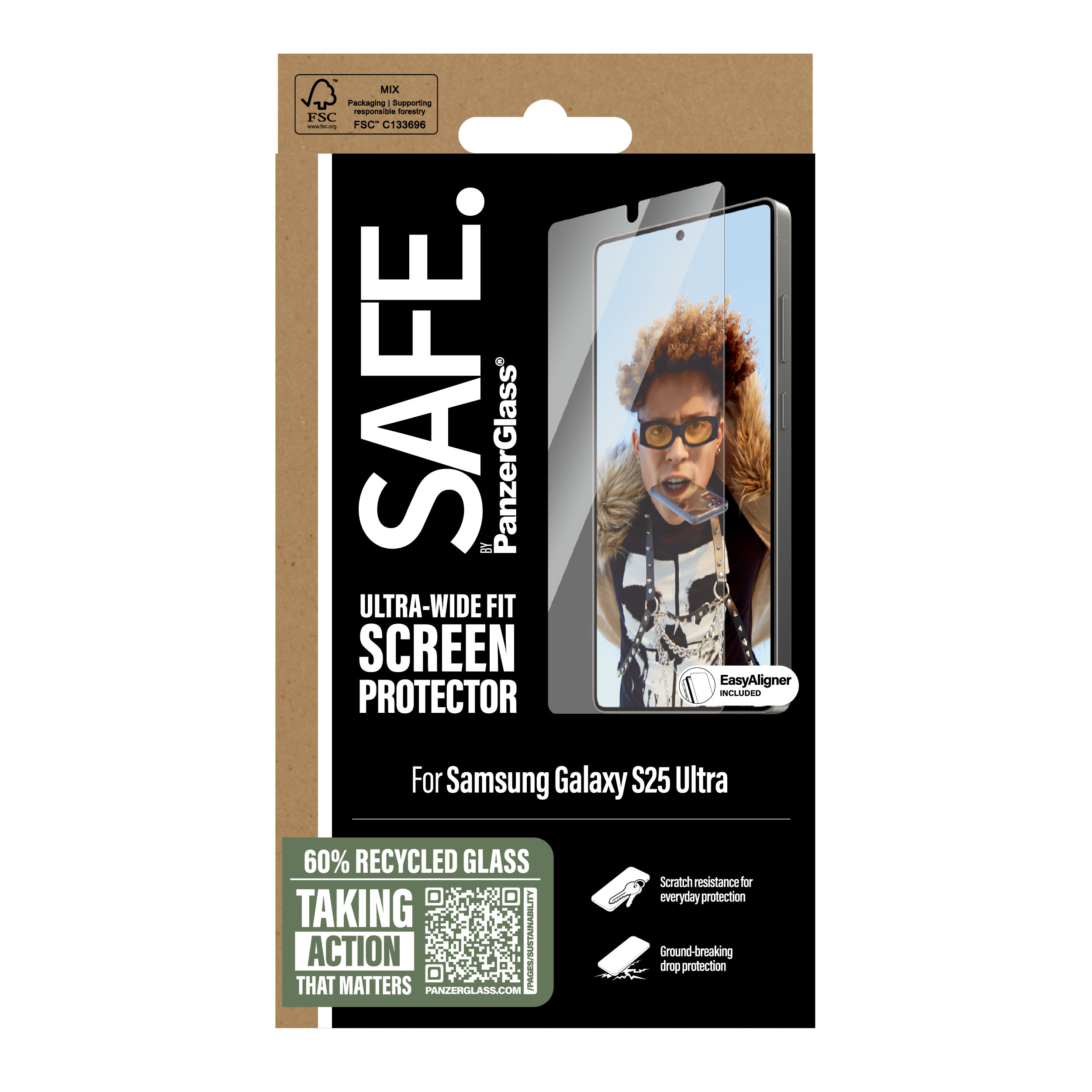 Pudełko z napisami 'SAFE' i 'PanzerGlass'. Osłona ekranu z Samsung Galaxy S25 Ultra.