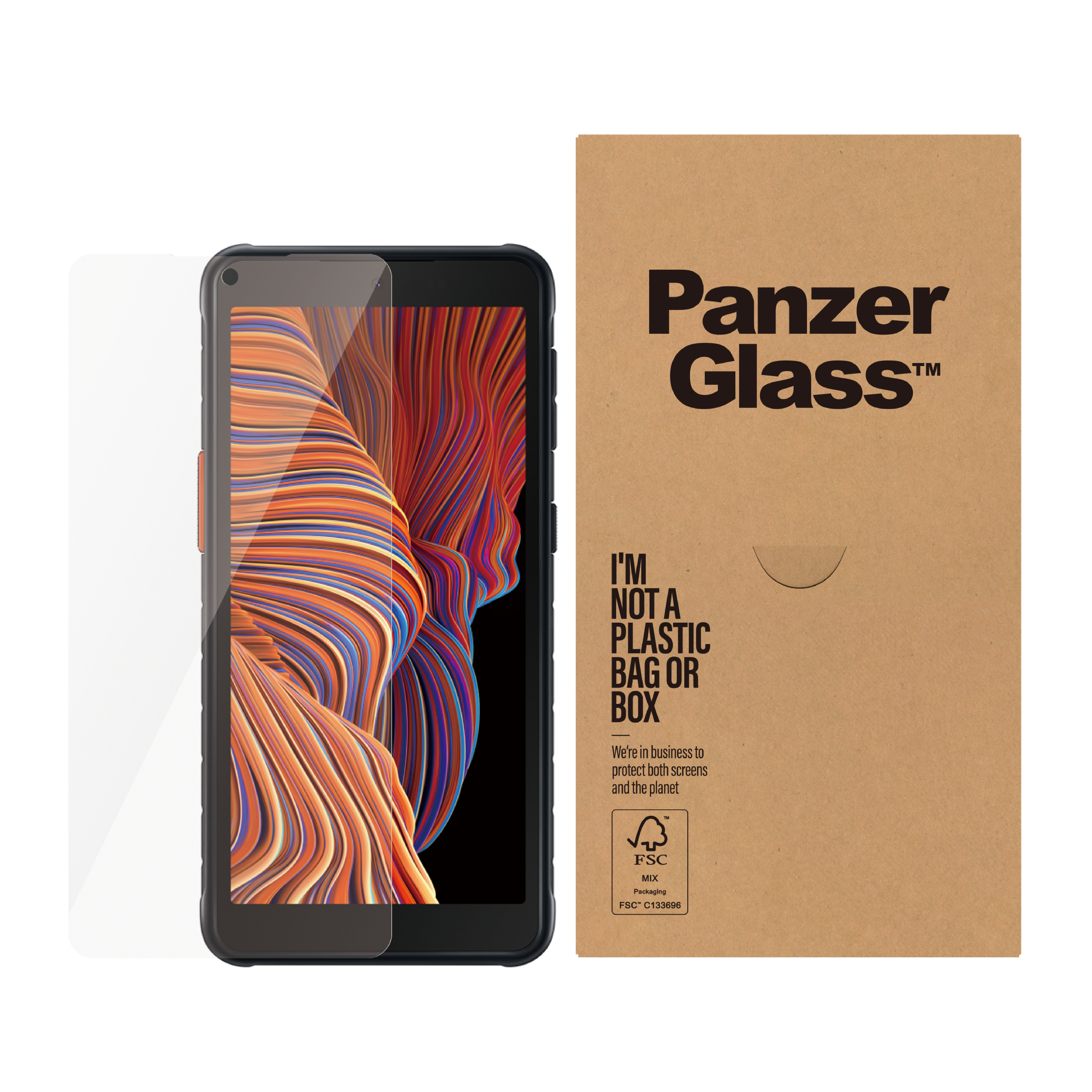 Uno smartphone con protezione schermo e una scatola. Il telefono ha una cornice nera e la protezione è trasparente.