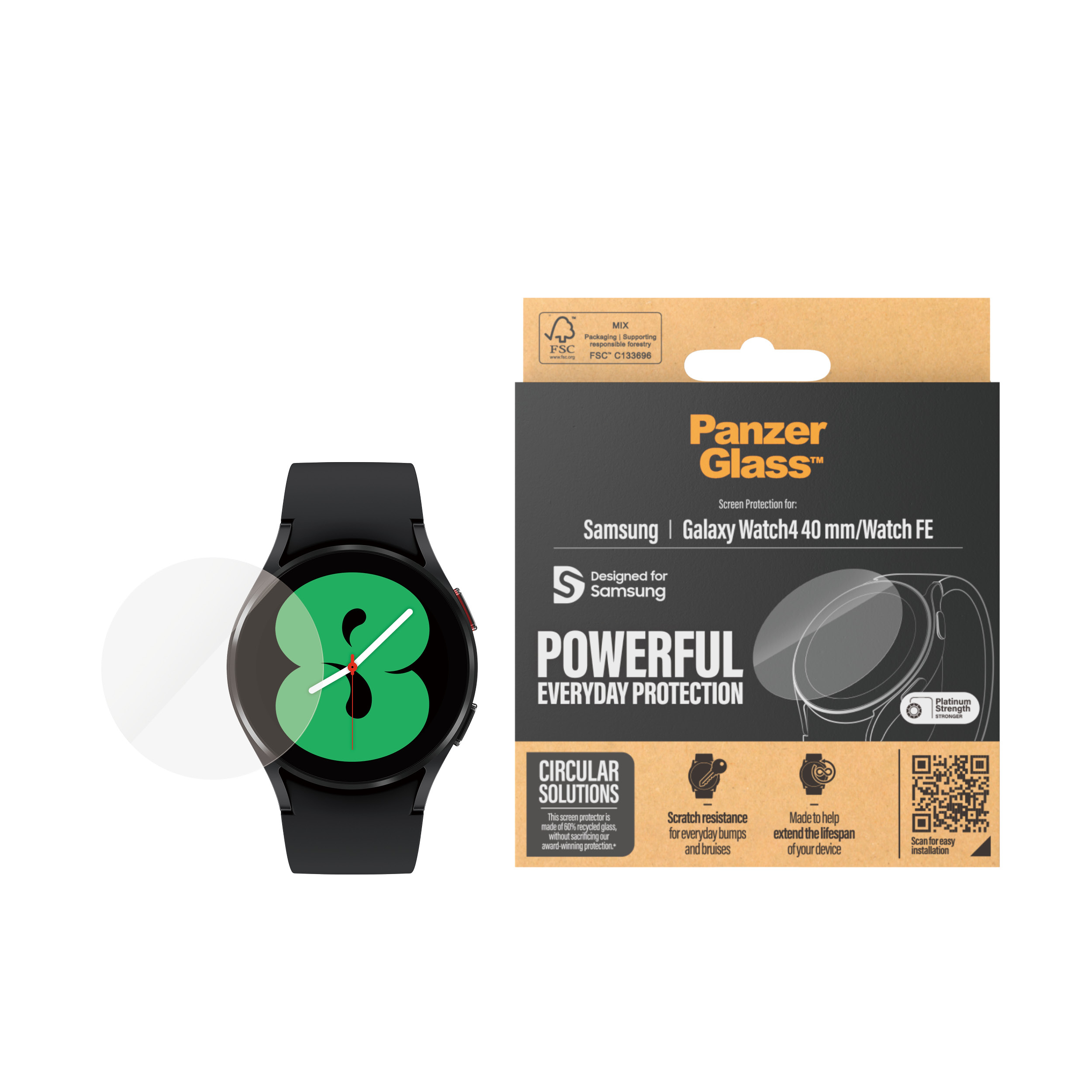 Opakowanie ochraniacza ekranu i smartwatch. Tekst na opakowaniu.